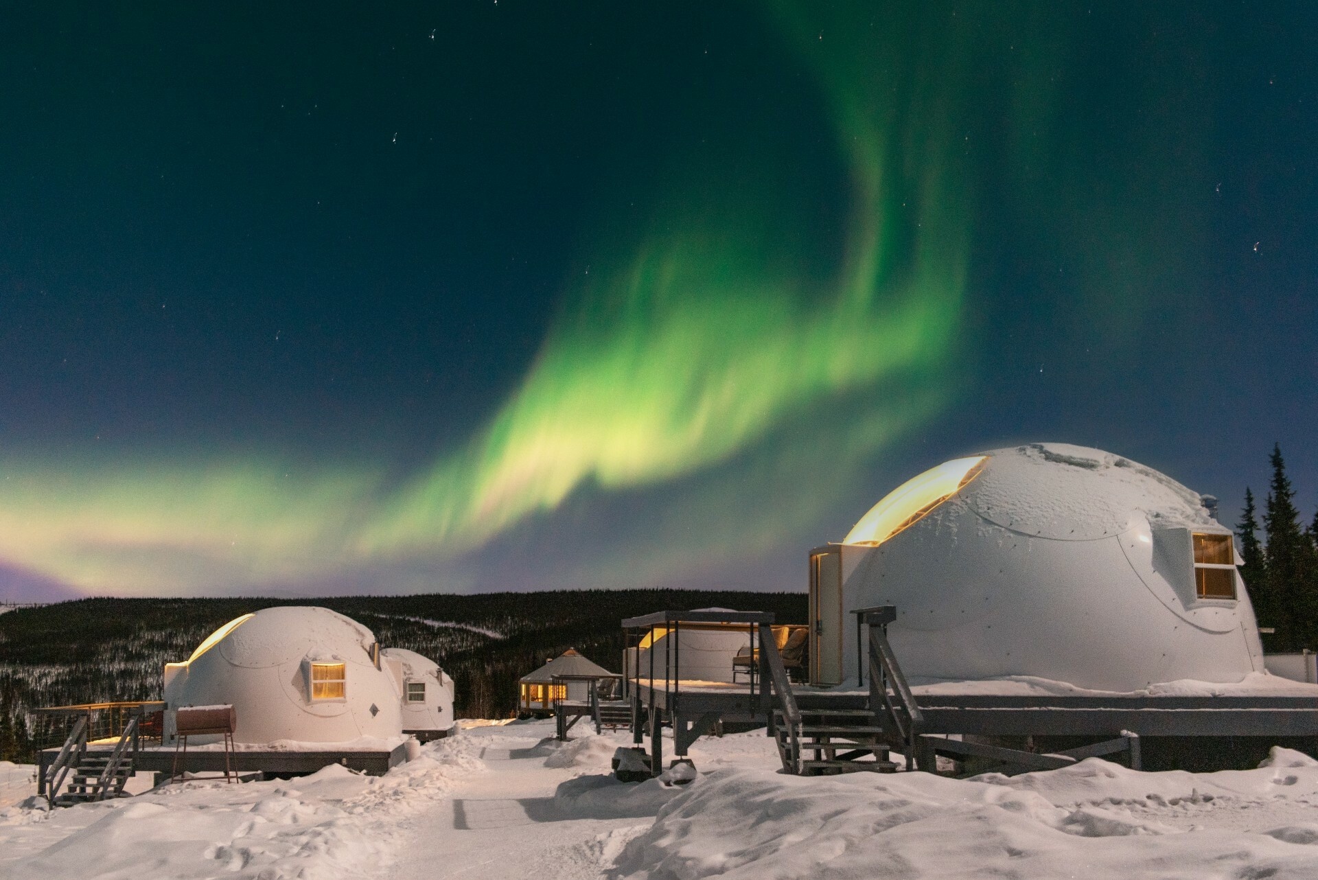 Borealis Basecamp dome cabins, Green aurora borealis, Snowy Alaska landscape, HD Desktop wallpaper