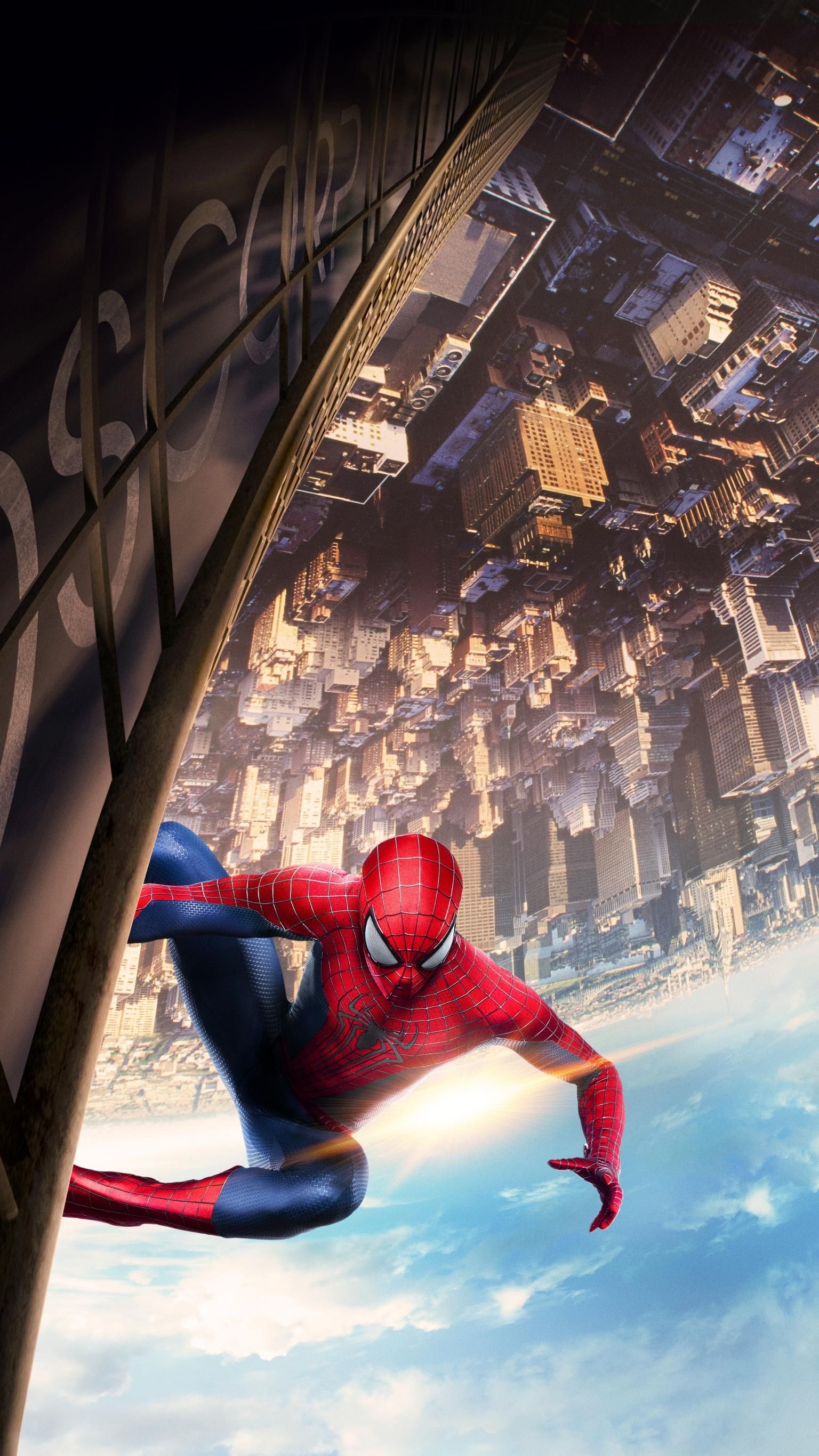 The Amazing Spider-Man, Oscorp building, inverted Manhattan skyline, HD Phone wallpaper