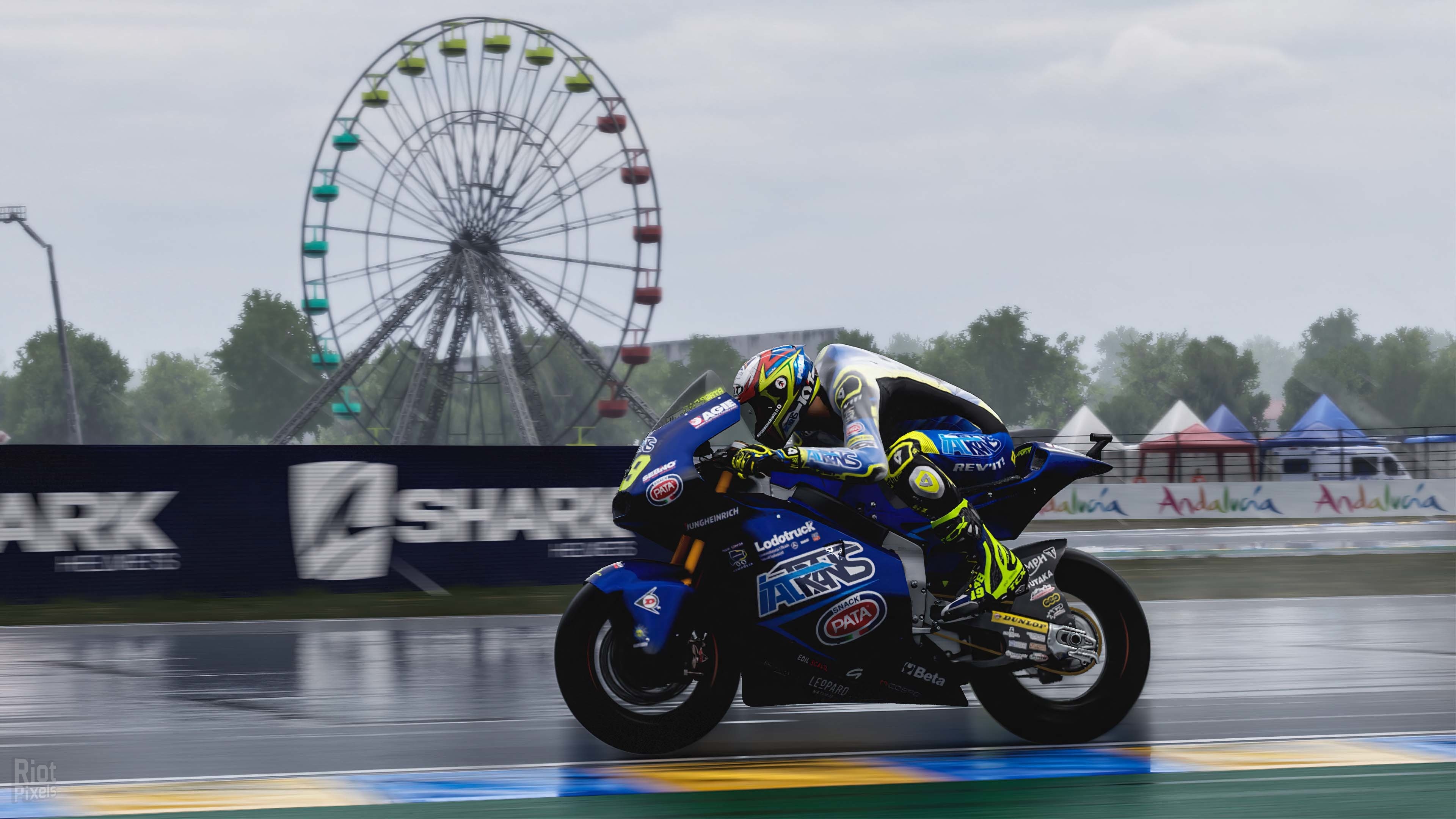 SAG Team Moto2 motorcycle, Bugatti Circuit Ferris wheel, Wet asphalt racetrack, 4K Desktop wallpaper