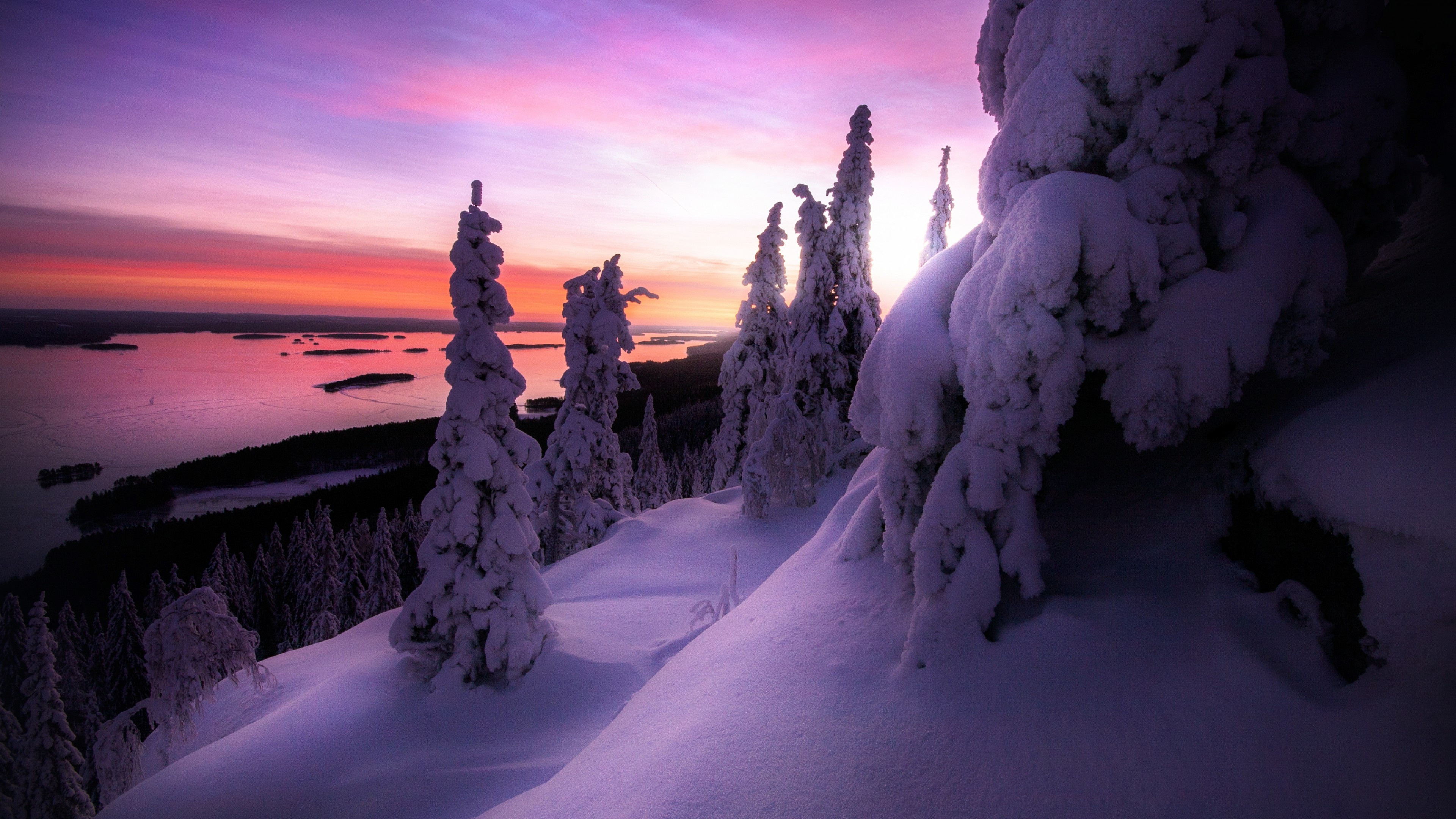 Finland travels, Koli National Park, Snowy sunset, UHD TV wallpaper, 3840x2160 4K Desktop