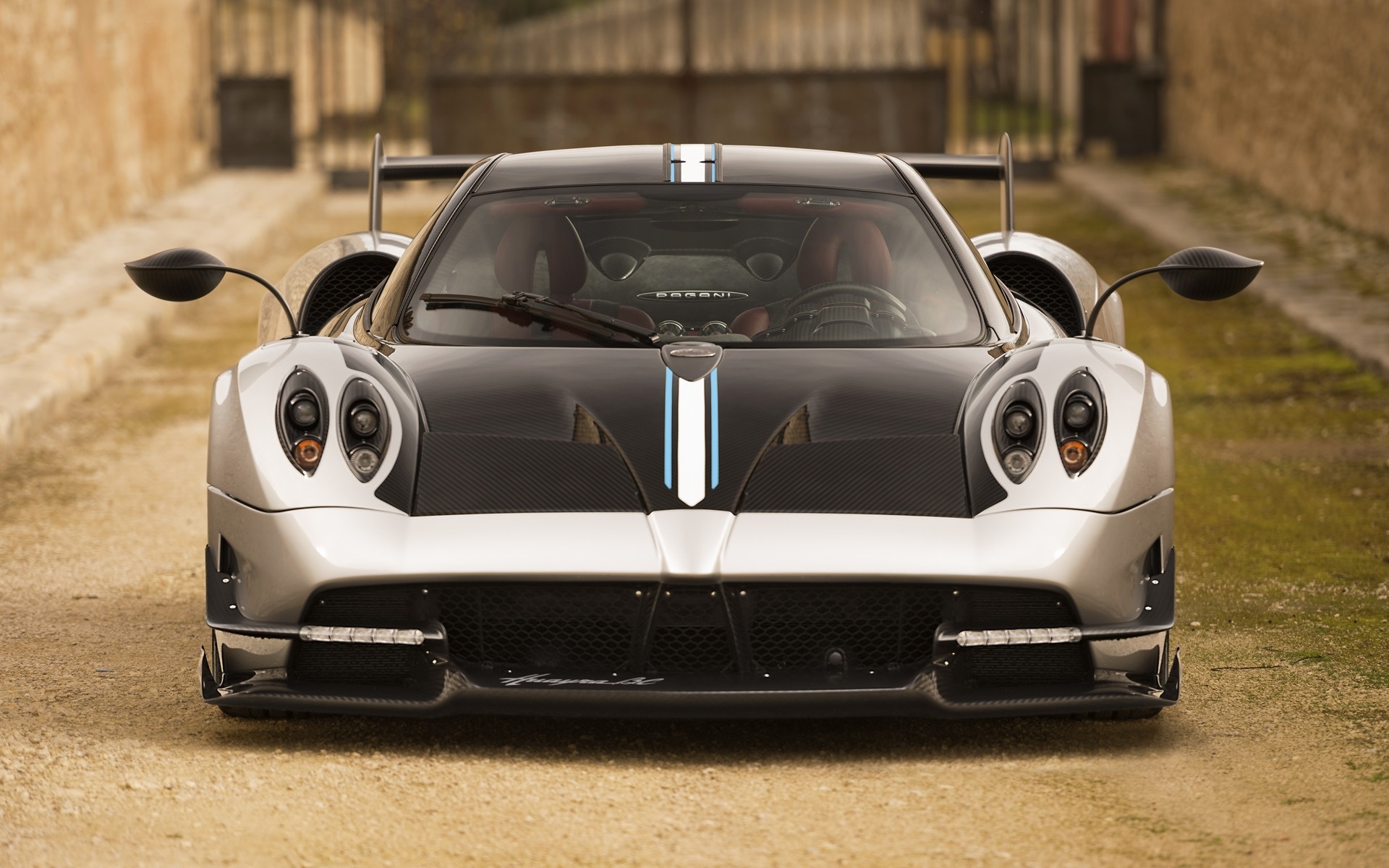 Pagani Huayra BC, Carbon fiber front hood, Gravel estate driveway, HD Desktop wallpaper