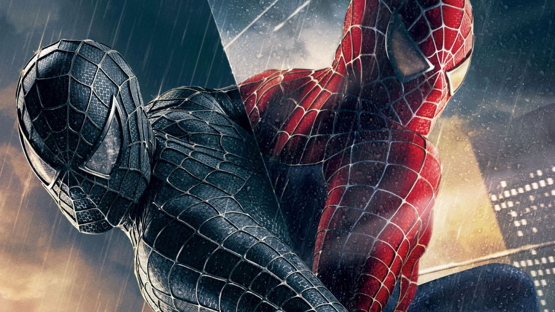Symbiote Spider-Man, Red and blue Spider-Man, Spider-Man 3, Rainy city backdrop, Full HD Desktop wallpaper