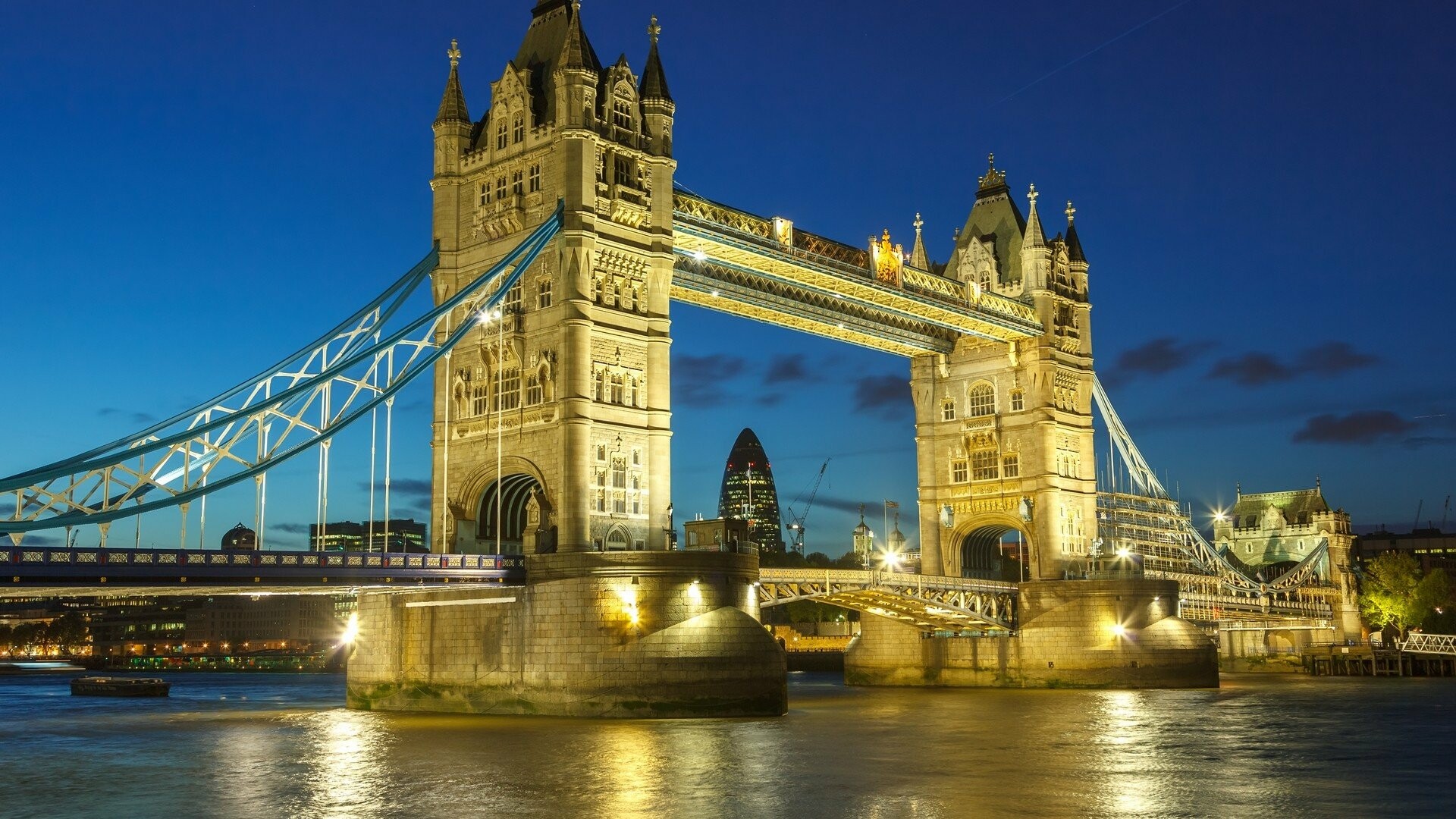 Nighttime view, London's bridges, Serene atmosphere, Mesmerizing wallpaper, 1920x1080 Full HD Desktop