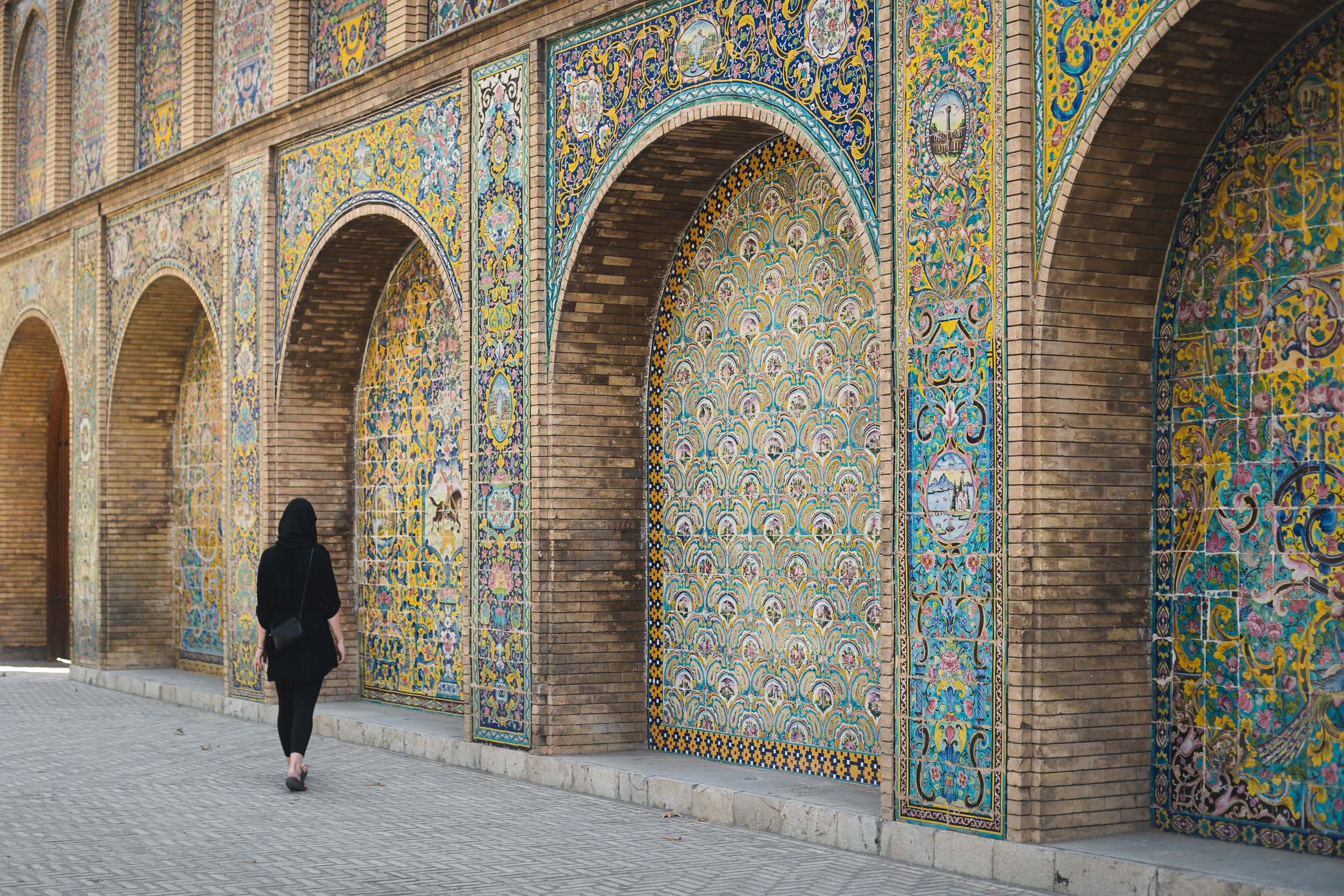 Golestan Palace, Qajar tile arches, woman in black hijab, HD Desktop wallpaper