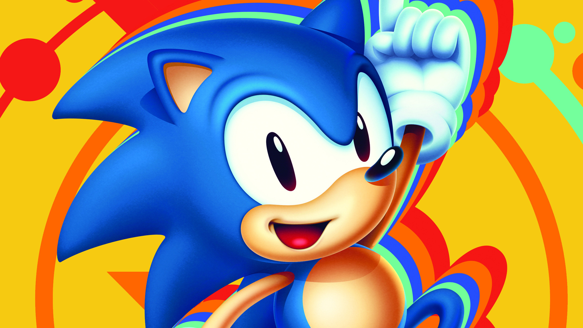 Sonic the Hedgehog close-up, Sonic Mania key art, Yellow concentric ring backdrop, Full HD Desktop wallpaper