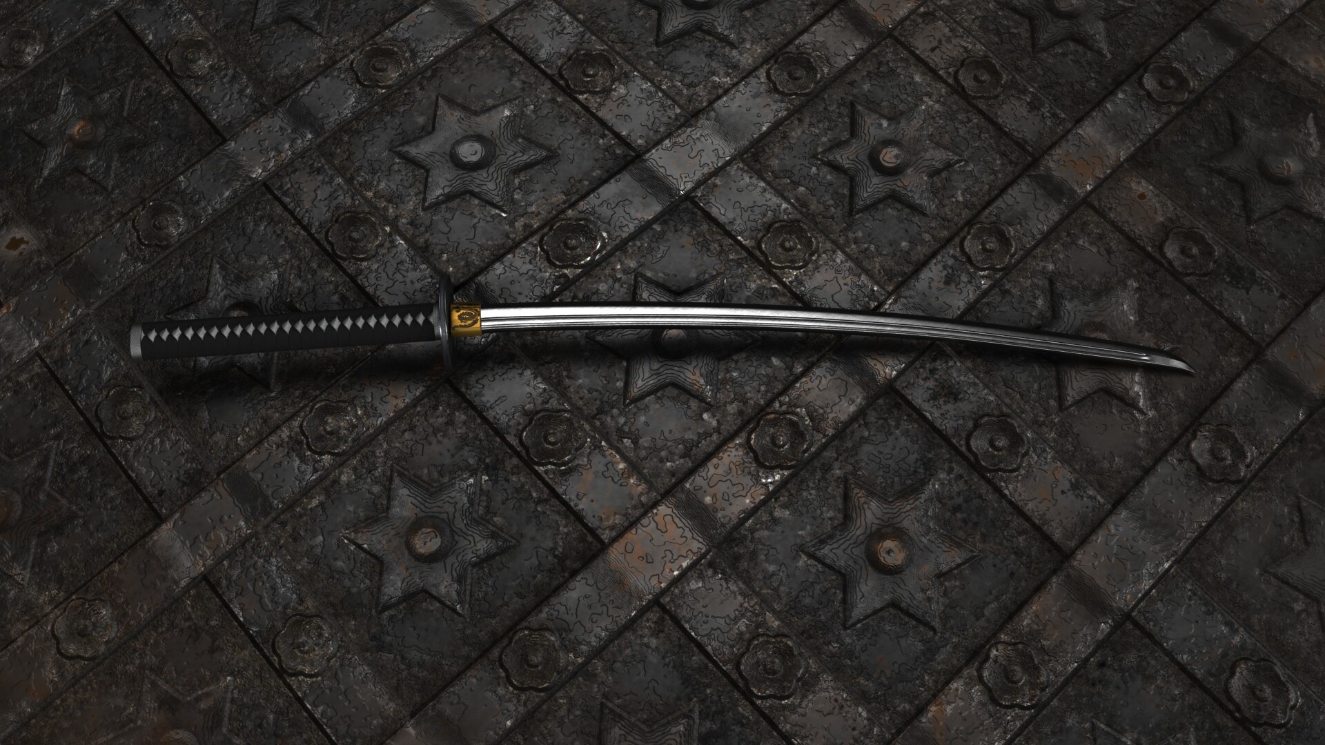 Japanese katana sword, Braided black tsuka, Ornate studded iron surface, Full HD Desktop wallpaper