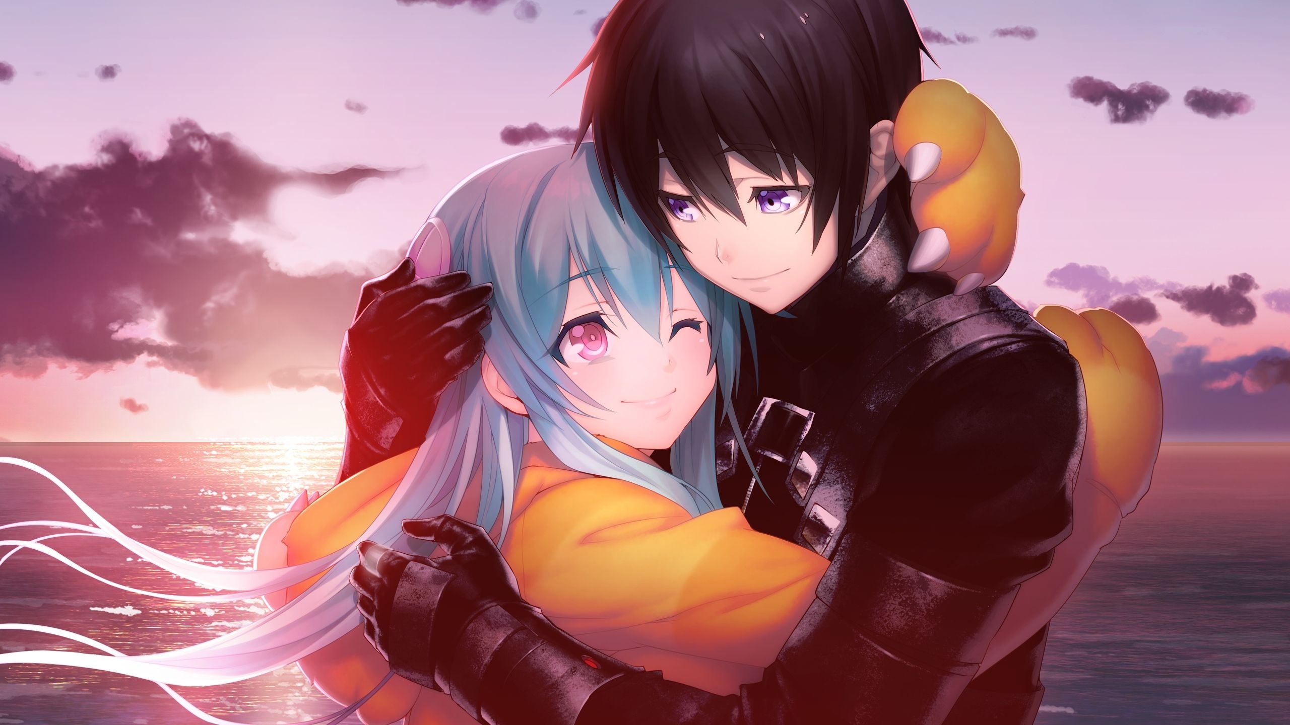 blue haired anime girl, black armored anime boy, sunset ocean horizon, HD Desktop wallpaper