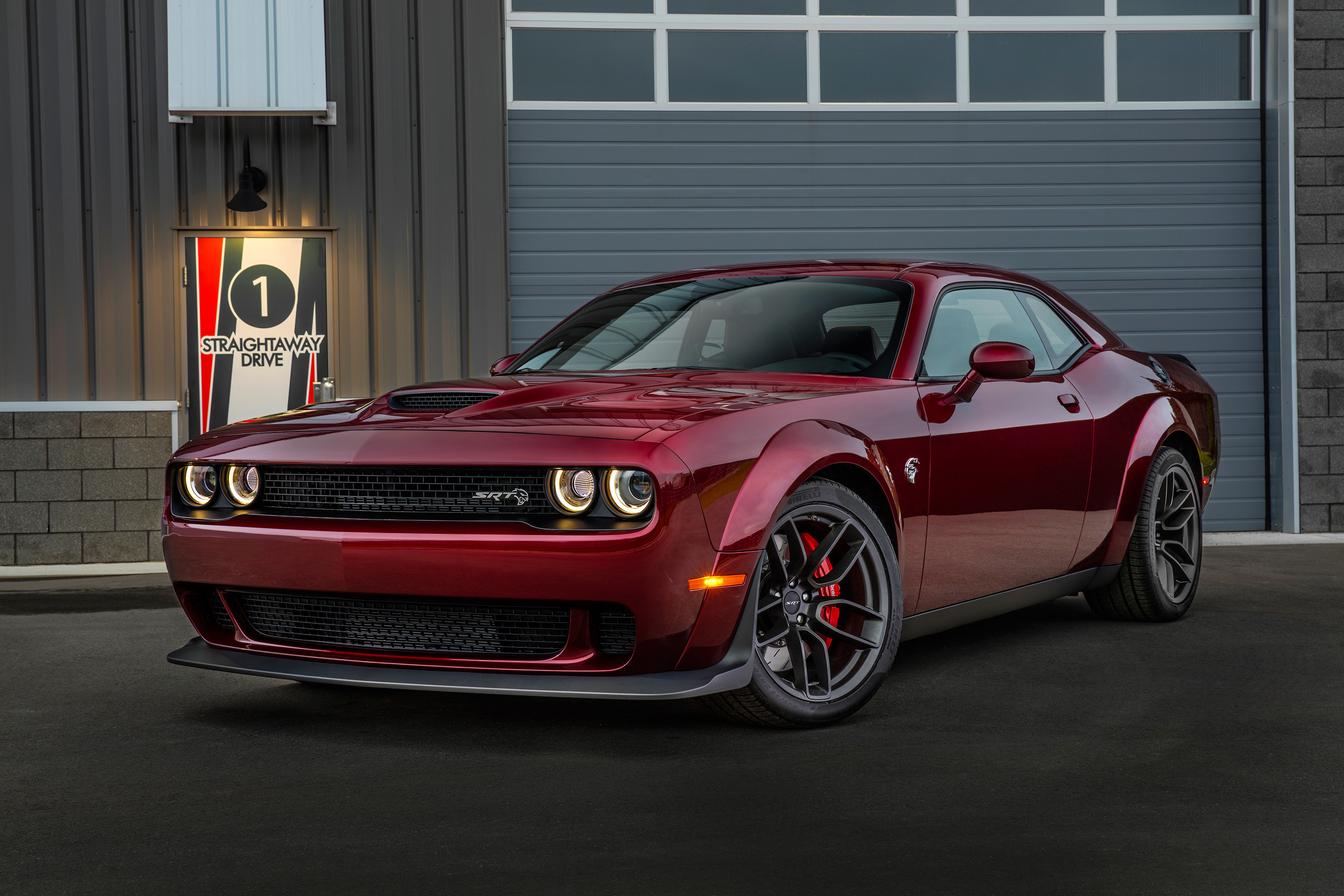 Dodge Challenger SRT Hellcat Widebody, Straightaway Drive sign, industrial garage exterior, HD Desktop wallpaper