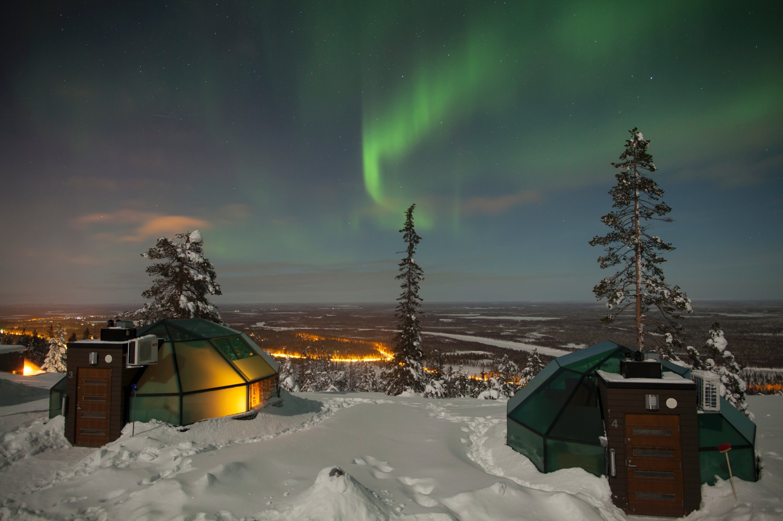 Aurora borealis, Glass igloo cabin, Snow-covered winter landscape, HD Desktop wallpaper