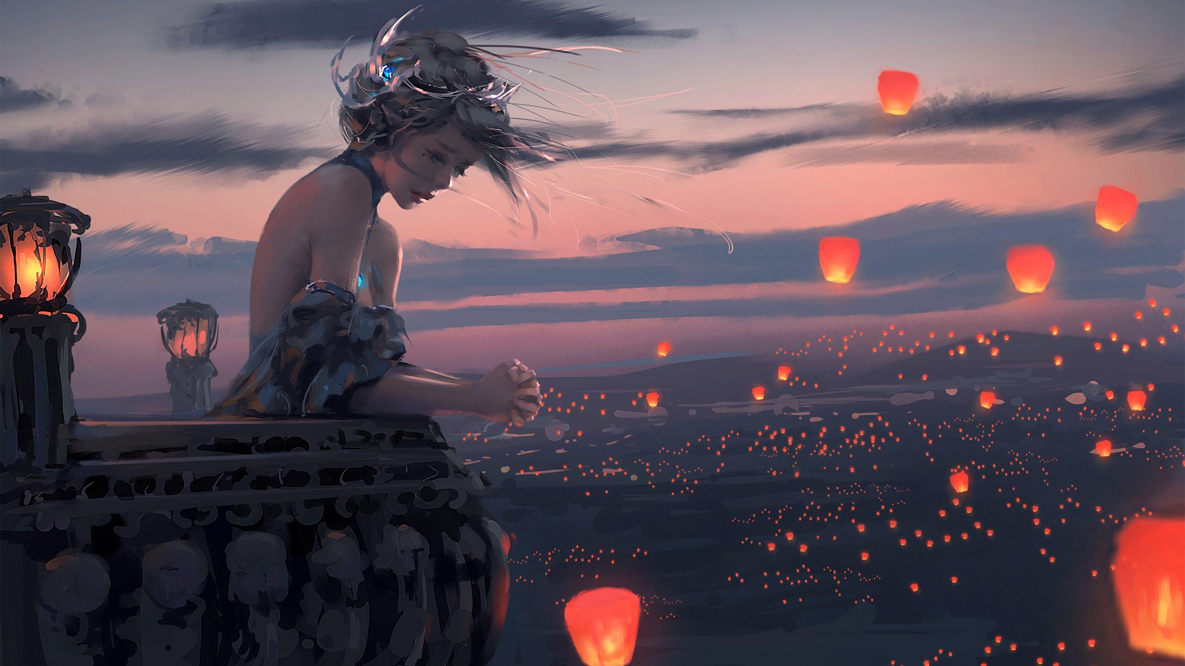 Melancholic woman with crown, Floating sky lanterns, Ornate stone balcony railing, 4K Desktop wallpaper