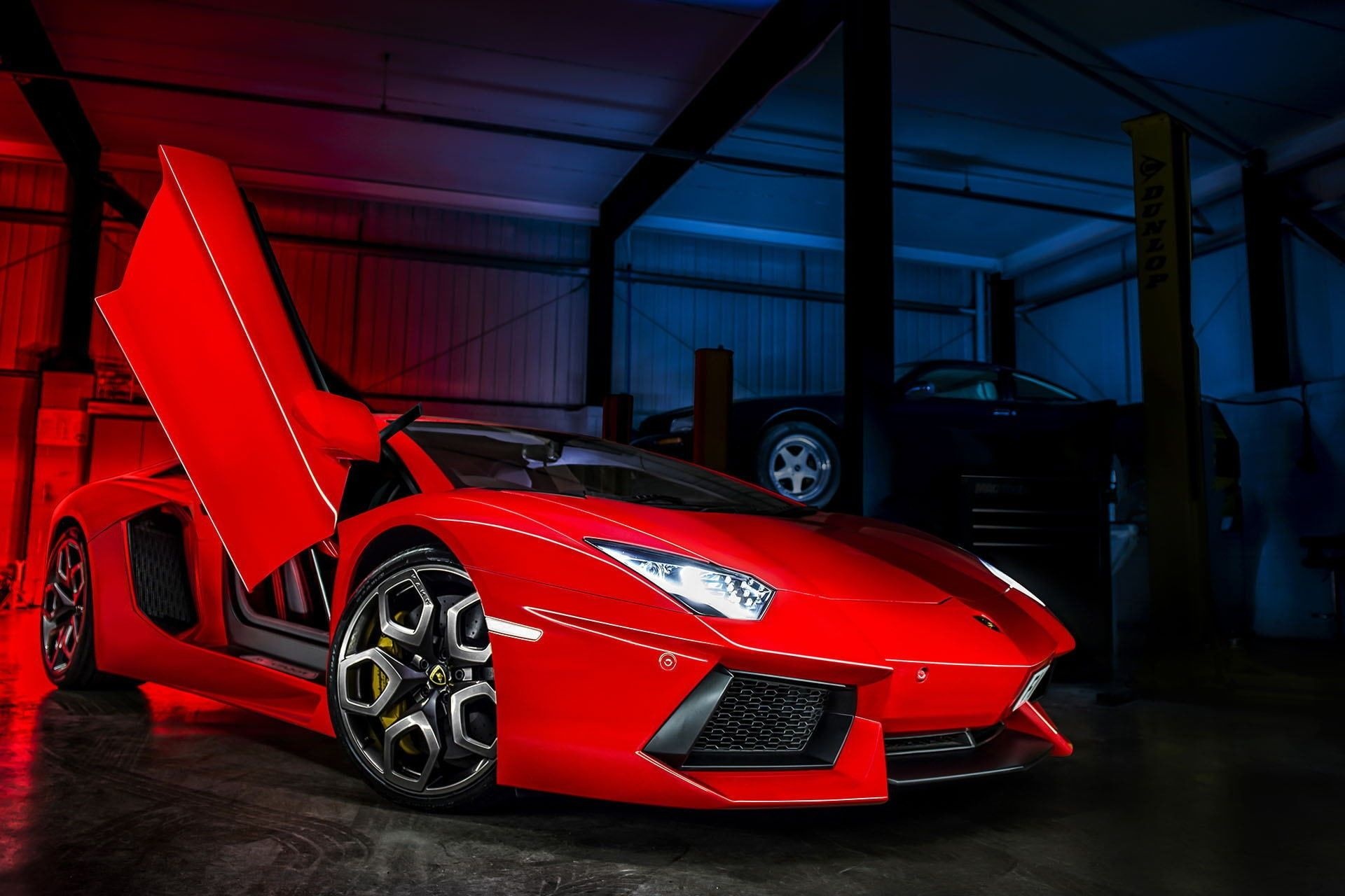 Lamborghini Aventador LP 700-4, Open scissor door, Mechanic garage, HD Desktop wallpaper