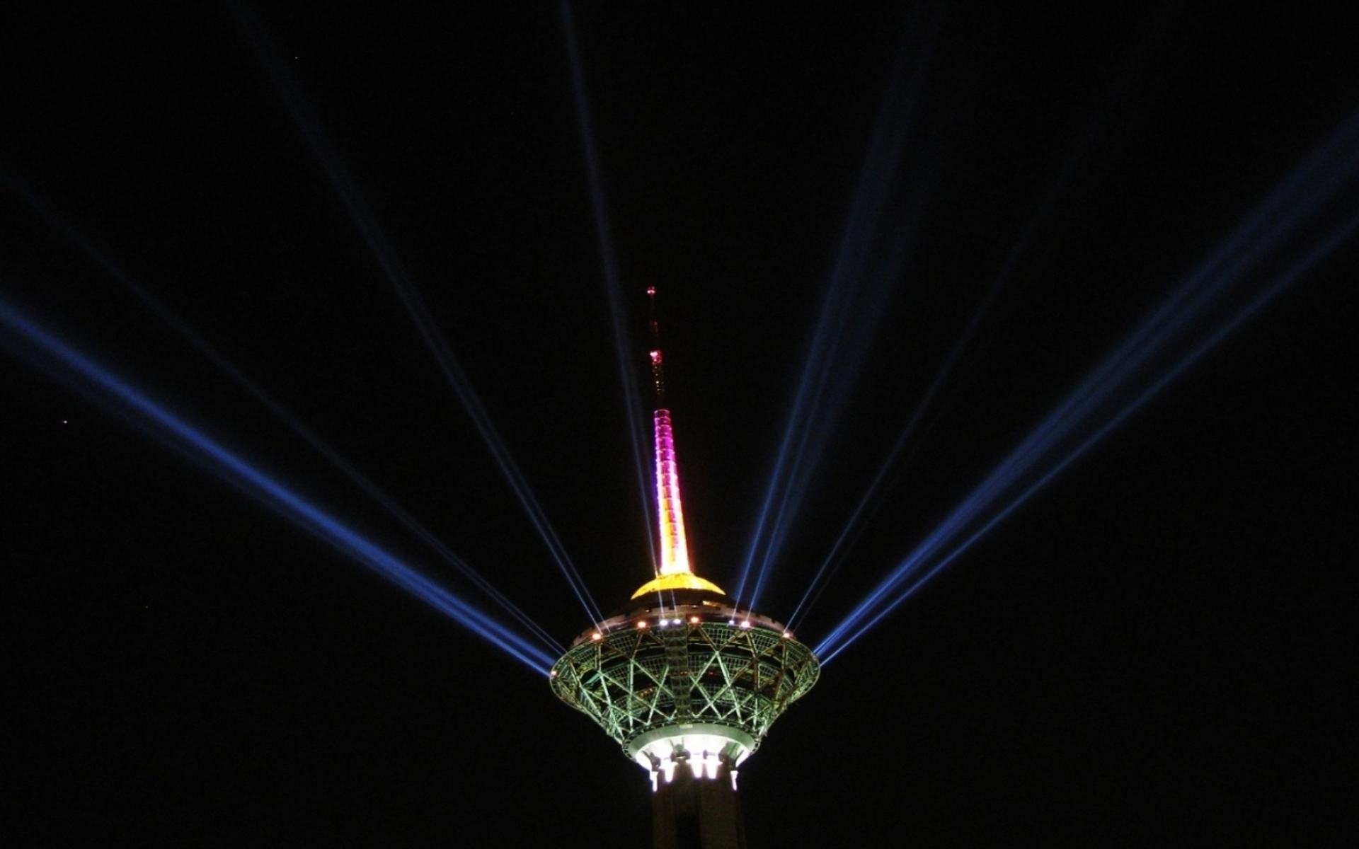 Milad Tower, radiating spotlight beams, illuminated tower spire, HD Desktop wallpaper