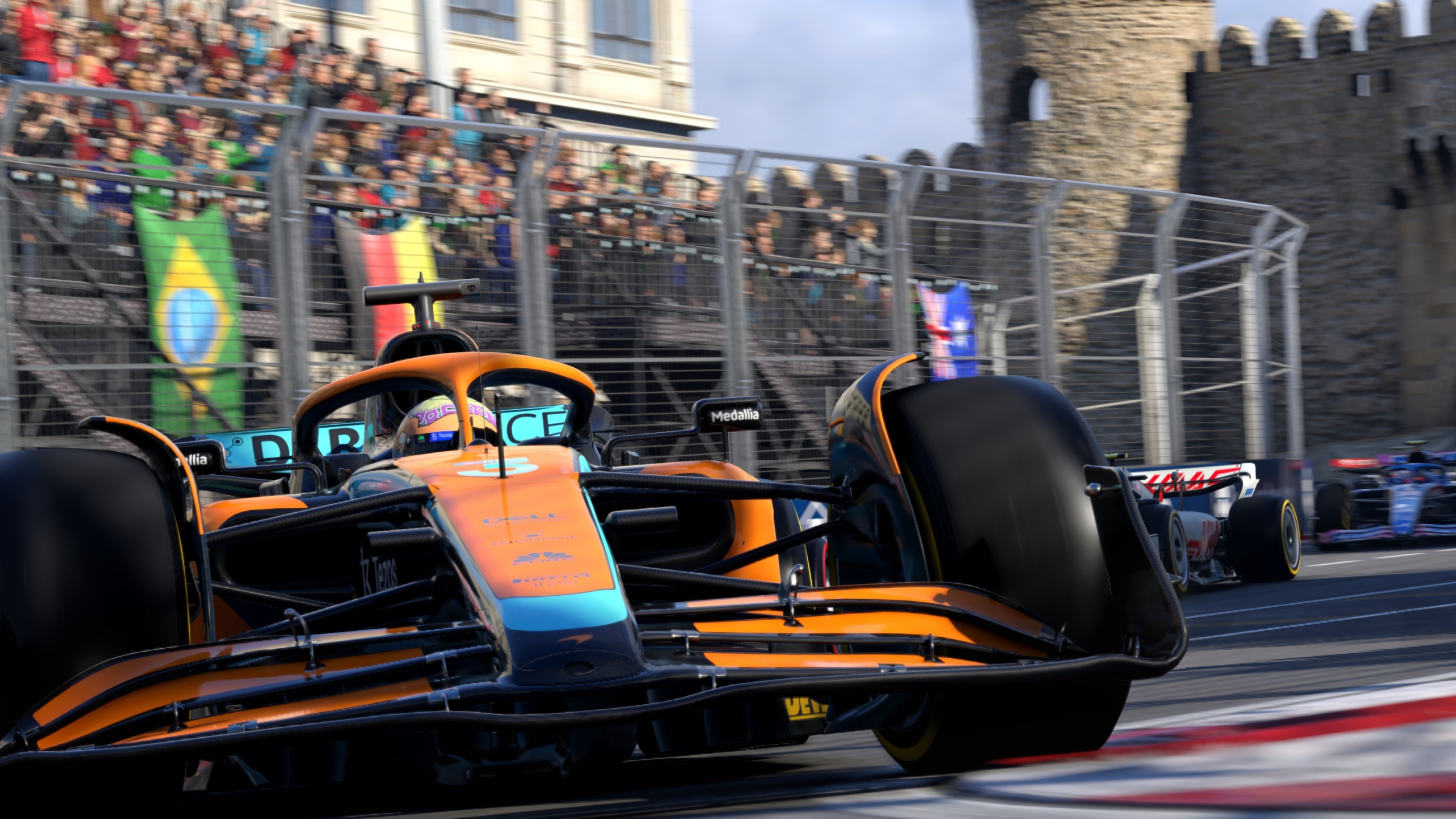 McLaren MCL36 race car, Baku City Circuit castle section, Haas VF-22 race car, 4K Desktop wallpaper