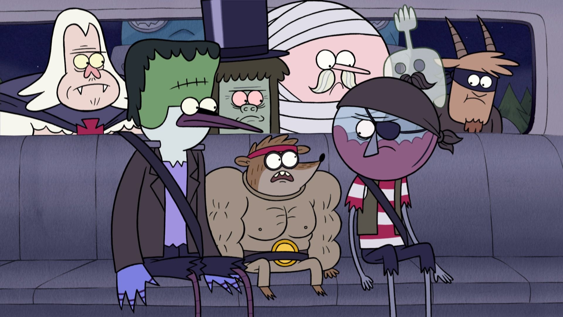 Rigby in barbarian costume, Mordecai in Frankenstein mask, Benson in pirate costume, Halloween costumed crowd in car, Regular Show, Full HD Desktop wallpaper