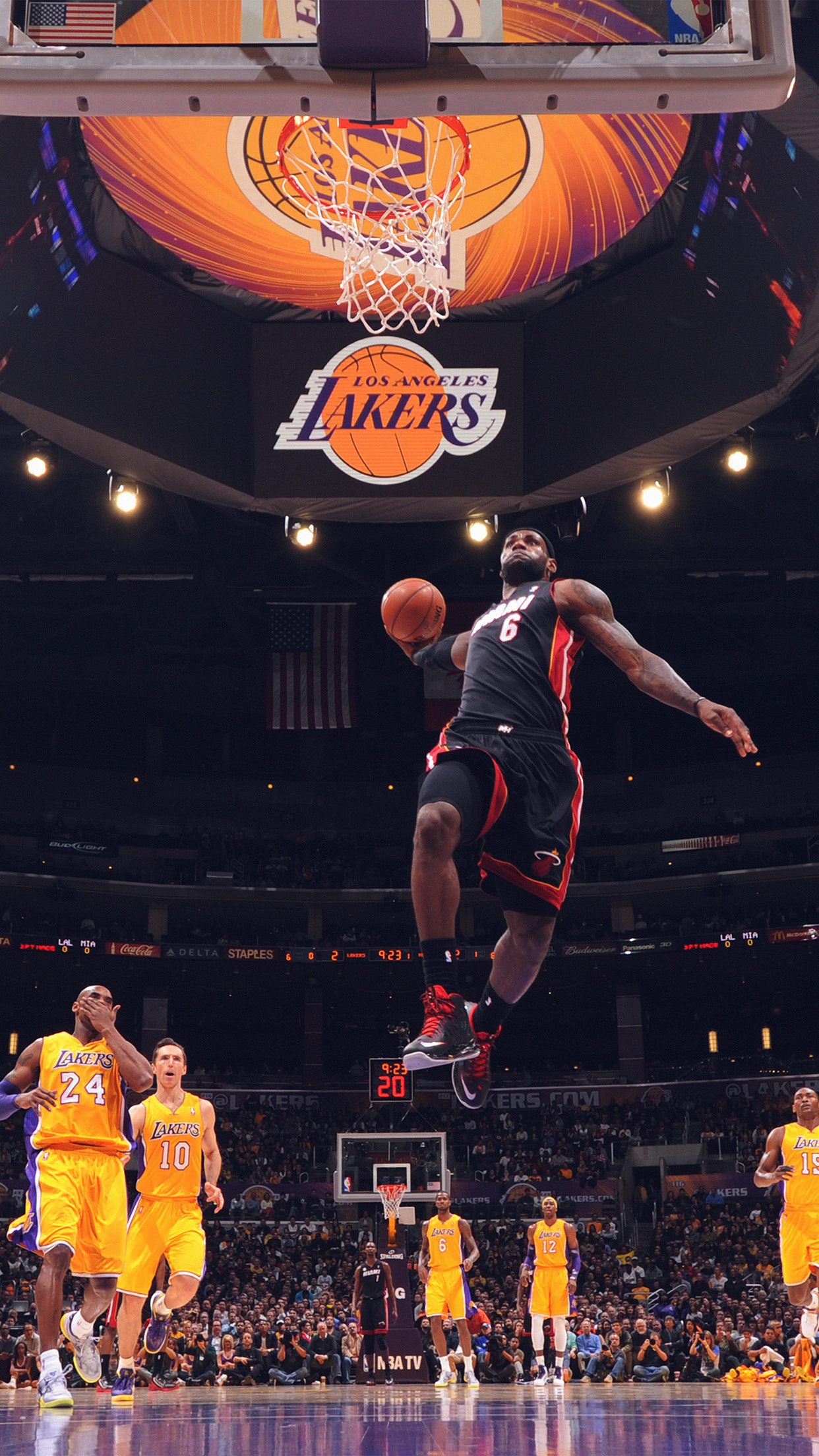 LeBron James Miami Heat dunk, Kobe Bryant, Los Angeles Lakers logo, Steve Nash, HD Phone wallpaper