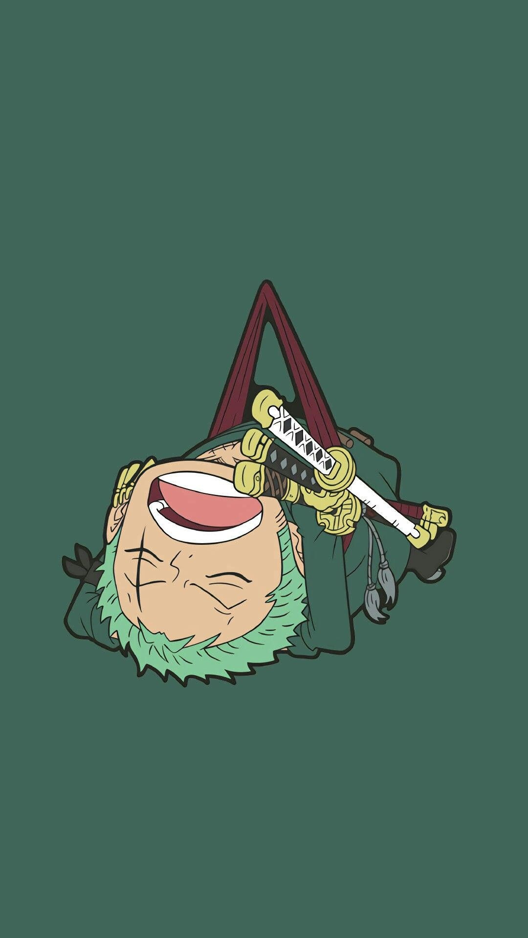 Chibi Roronoa Zoro, Zoro's katanas, Solid green background, Full HD Phone wallpaper