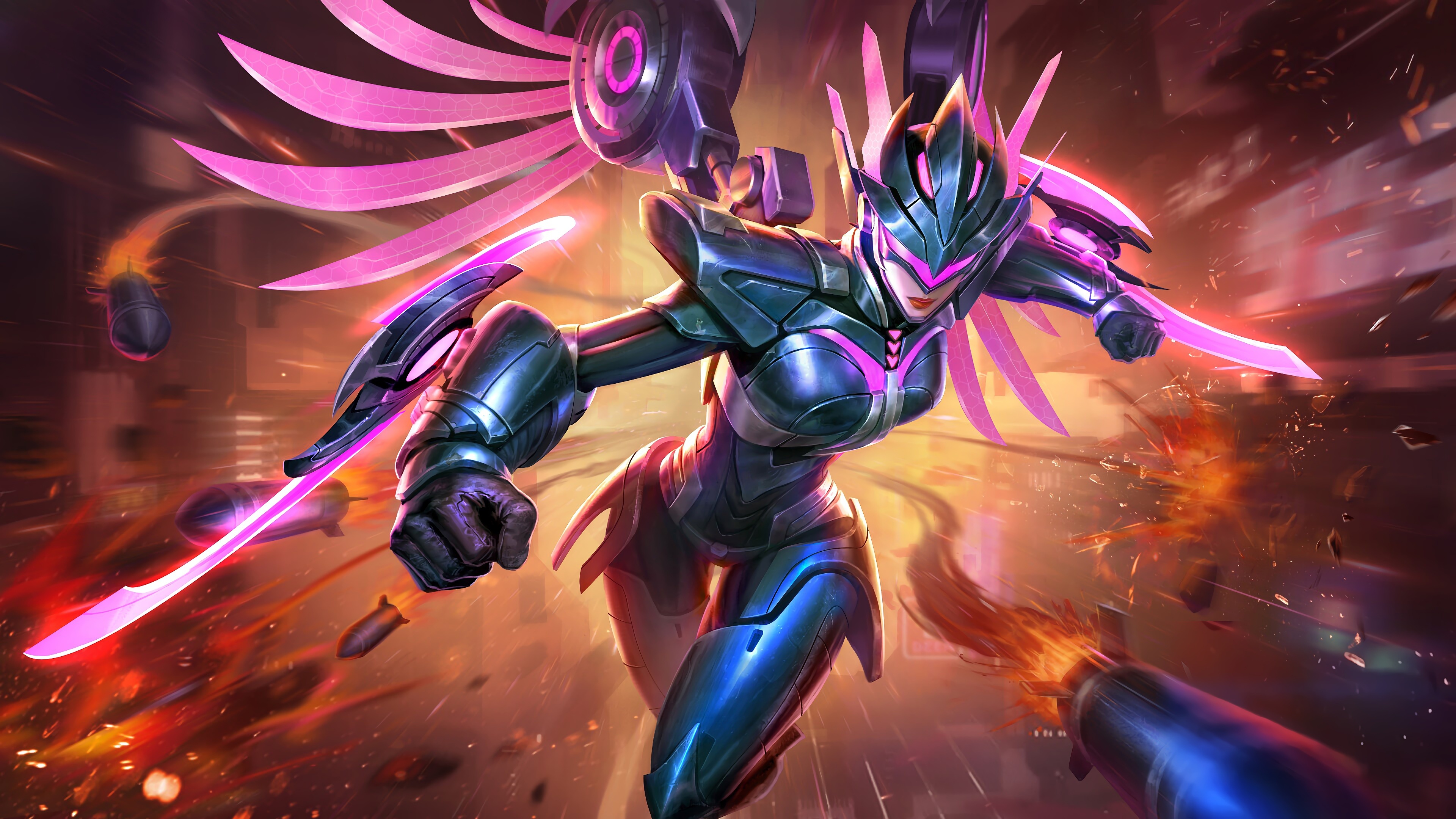 Freya, Mobile Legends: Bang Bang, cyberpunk mecha armor, 4K Desktop wallpaper