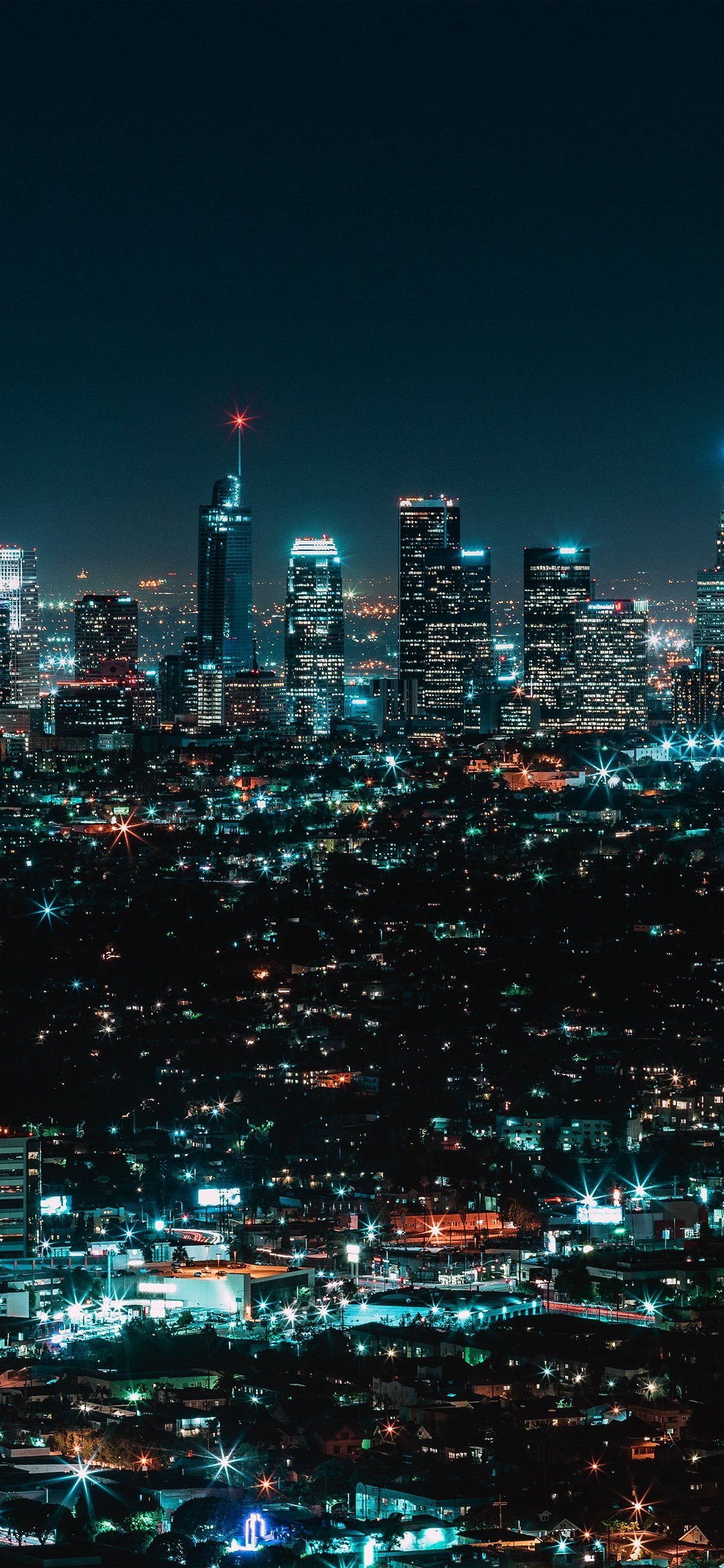 Wilshire Grand Center, Downtown Los Angeles skyline, illuminated night cityscape, HD Phone wallpaper