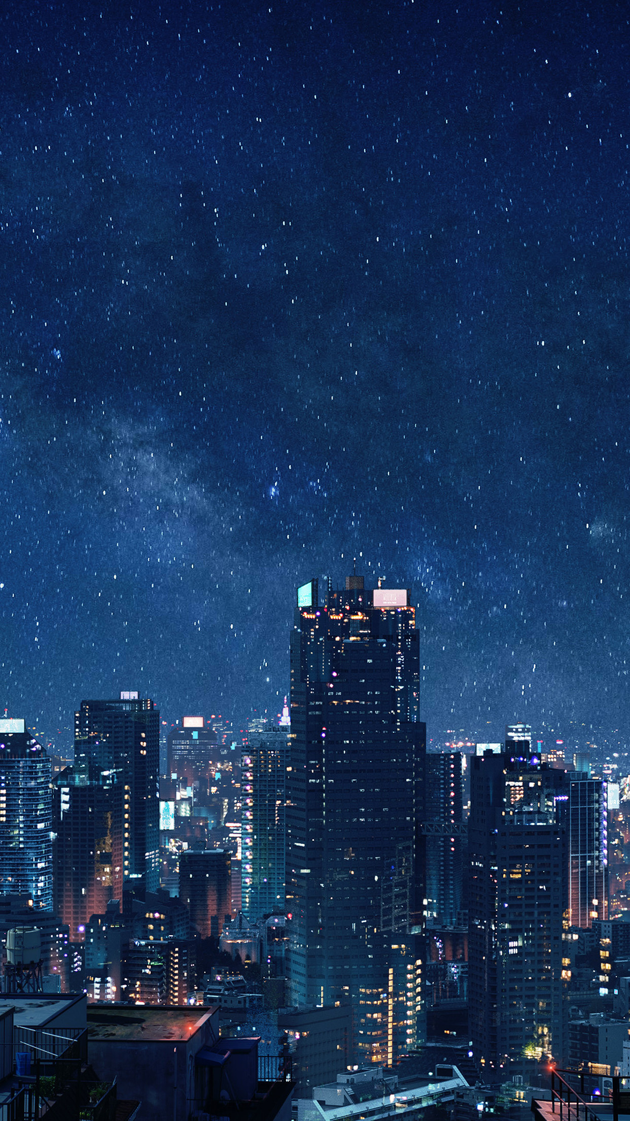 Roppongi Hills Mori Tower, starry Milky Way sky, illuminated nighttime cityscape, HD Phone wallpaper