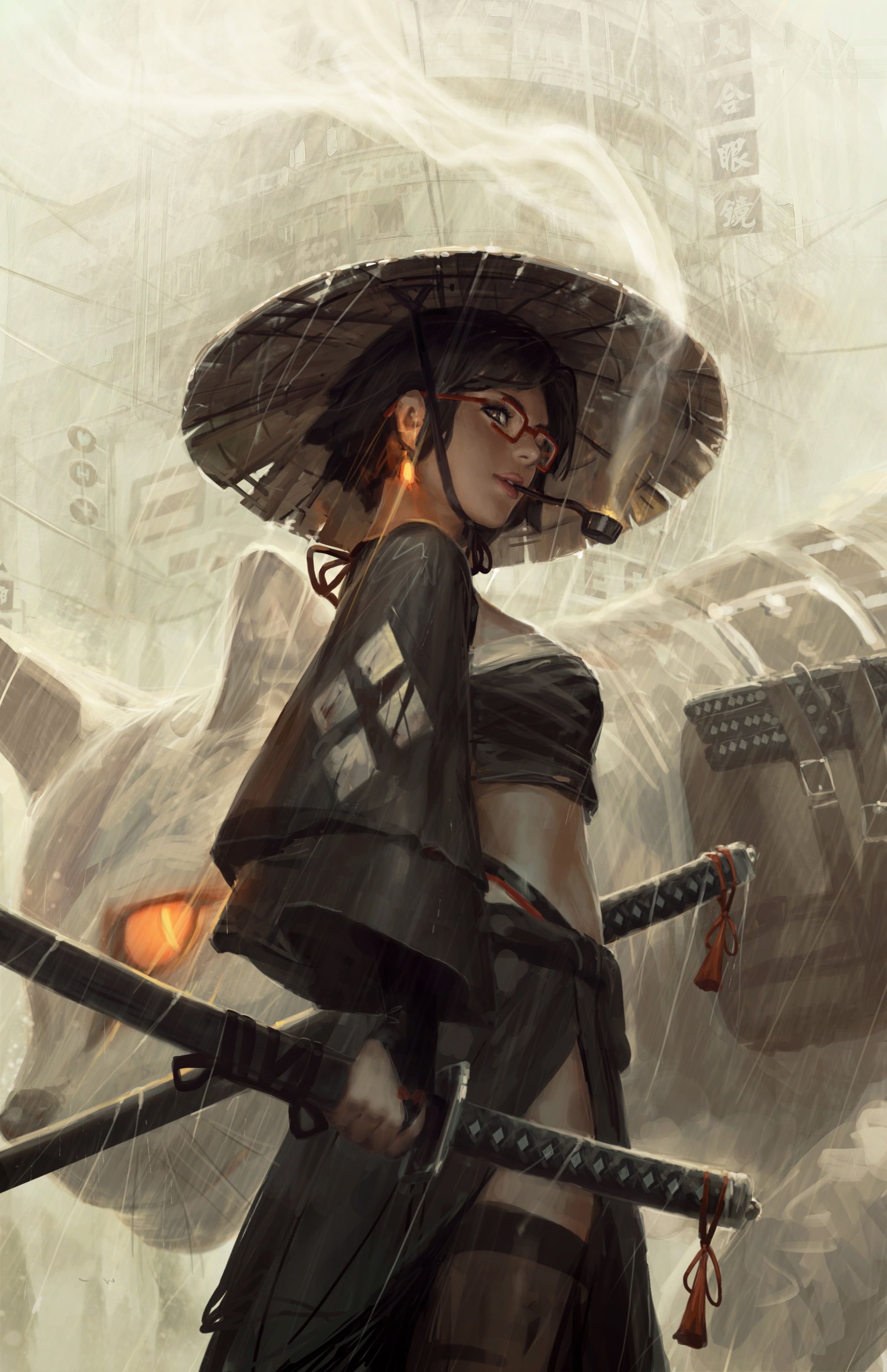 Dual katana swordswoman, Giant glowing-eyed beast, Conical straw kasa hat, HD Phone wallpaper
