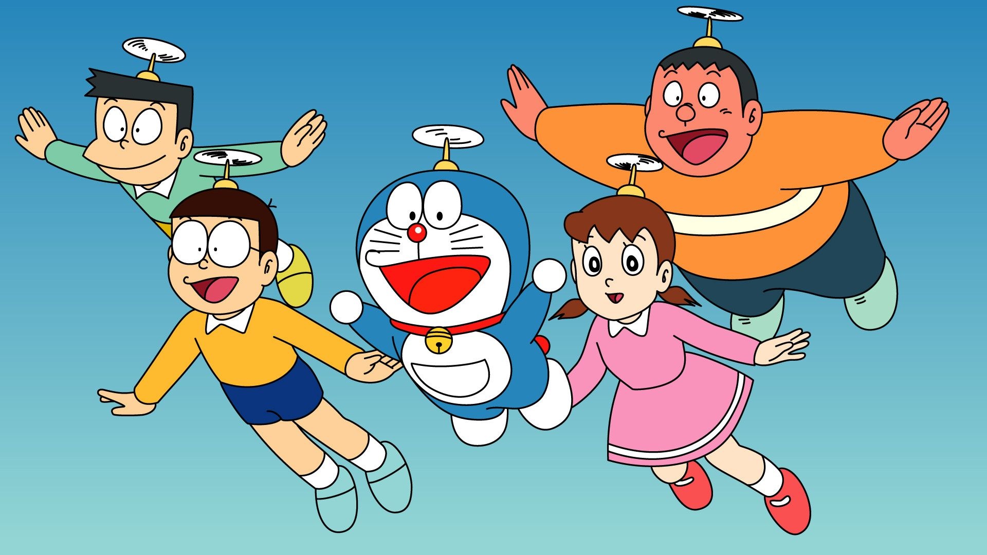 Doraemon, Nobita Nobi, Shizuka Minamoto, Takeshi Gian Goda, Suneo Honekawa, Full HD Desktop wallpaper
