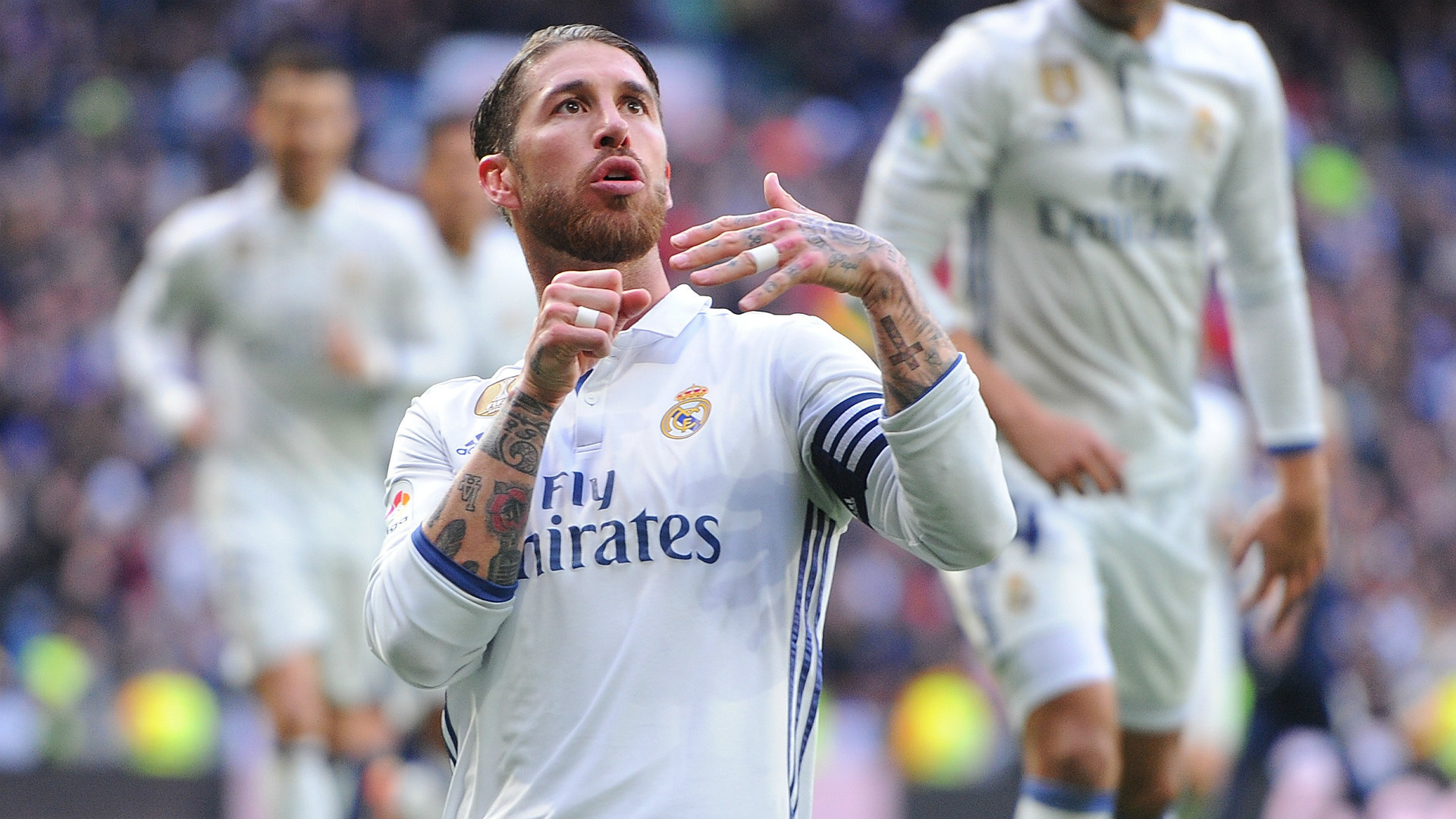 Sergio Ramos, Real Madrid home kit, Fly Emirates, Full HD Desktop wallpaper
