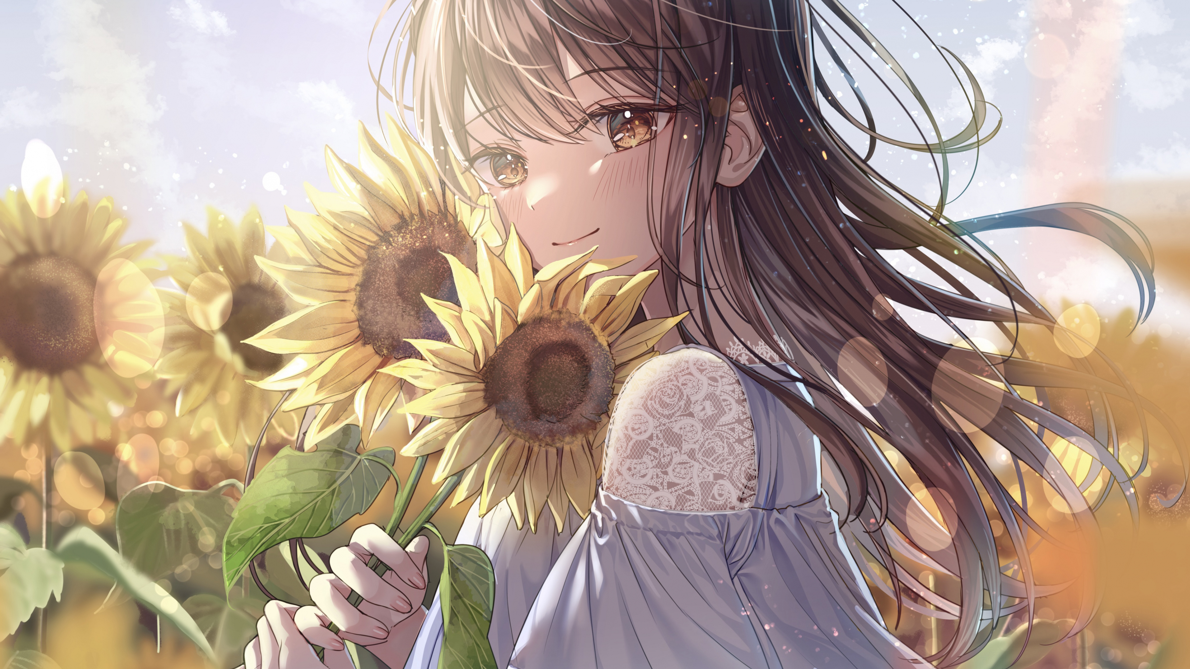 Sunflower, Cute Girl, Anime, 4K, Vivid, 3840x2160 4K Desktop