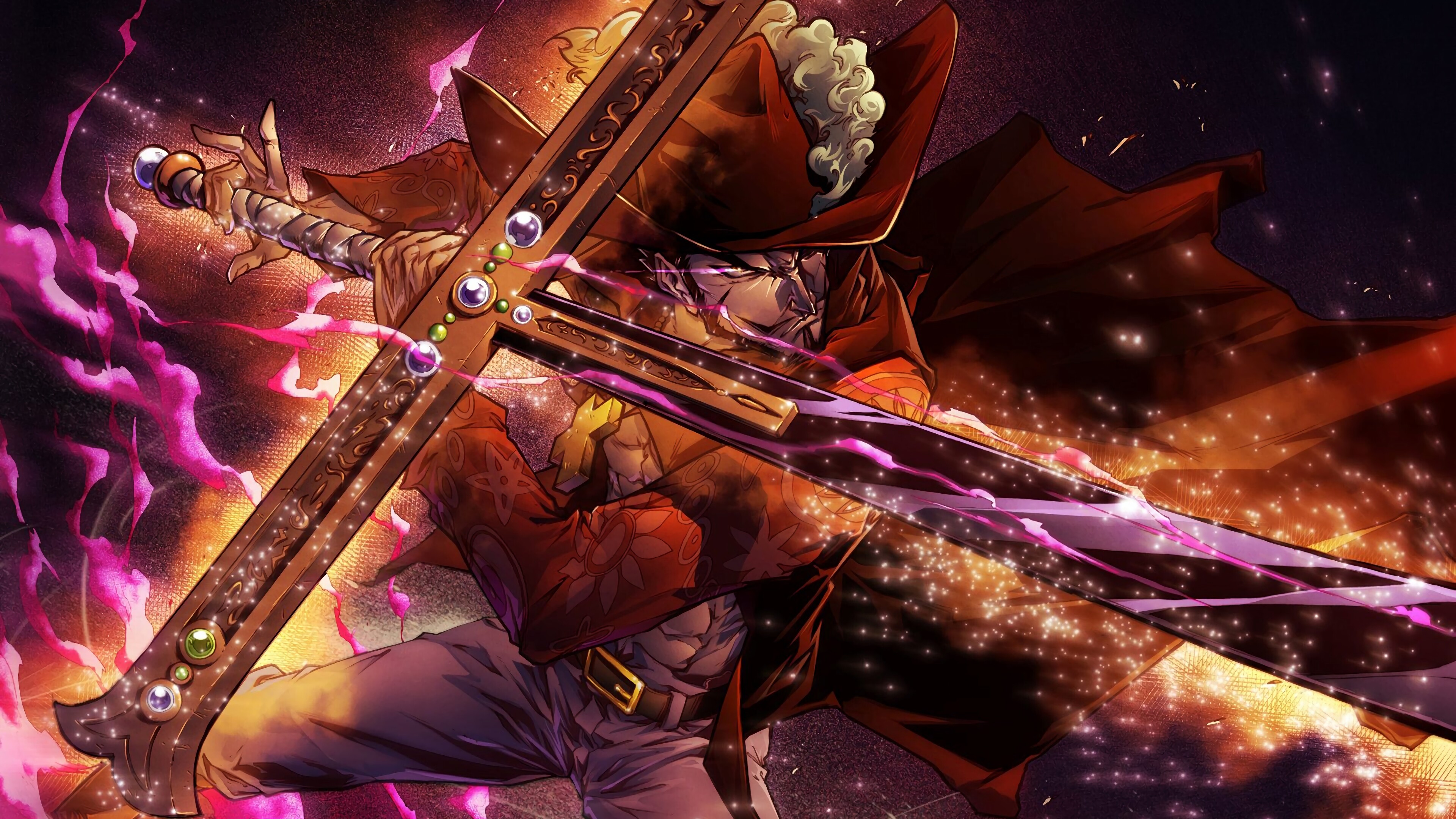 Mihawk, Yoru, Feathered hat, Two-handed sword swing, Purple lightning aura, 4K Desktop wallpaper