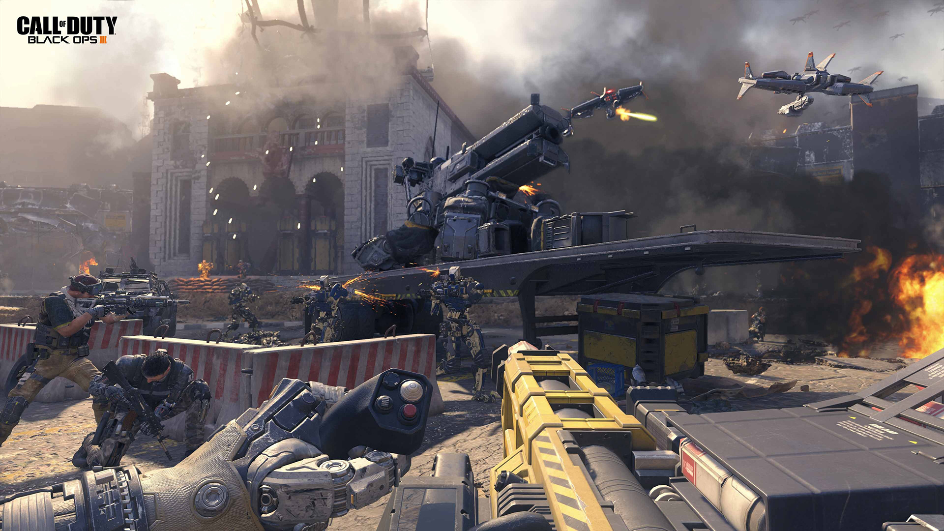Call of Duty: Black Ops III, Cybernetic prosthetic arm, Futuristic VTOL aircraft, Robotic combat soldiers, Full HD Desktop wallpaper