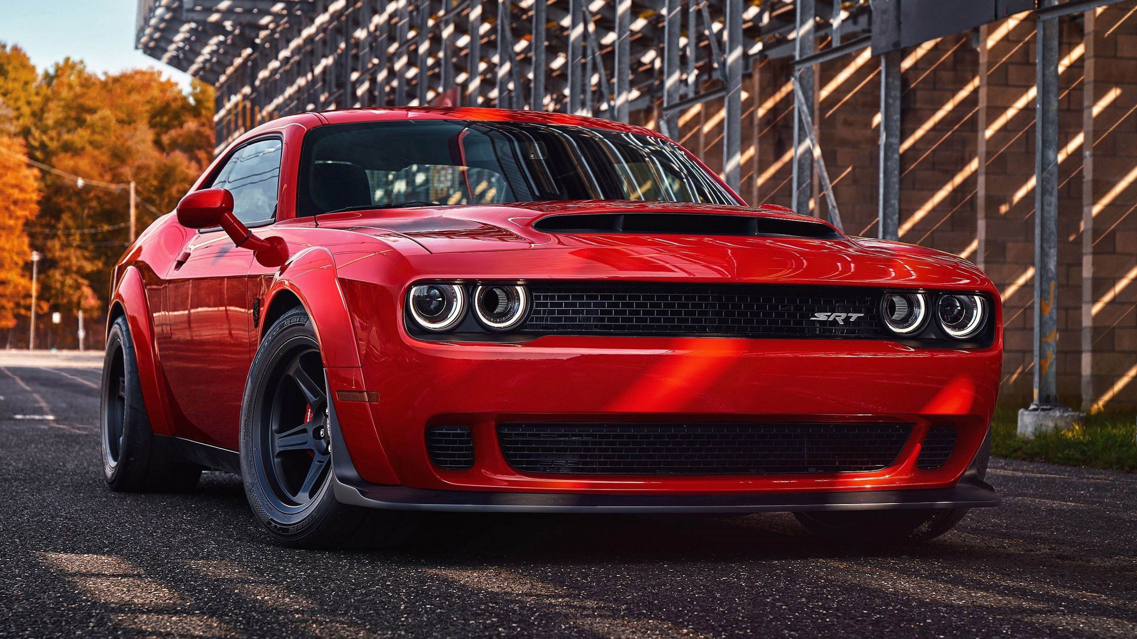 Dodge Challenger SRT Demon, racetrack grandstand, widebody fender flares, 4K Desktop wallpaper