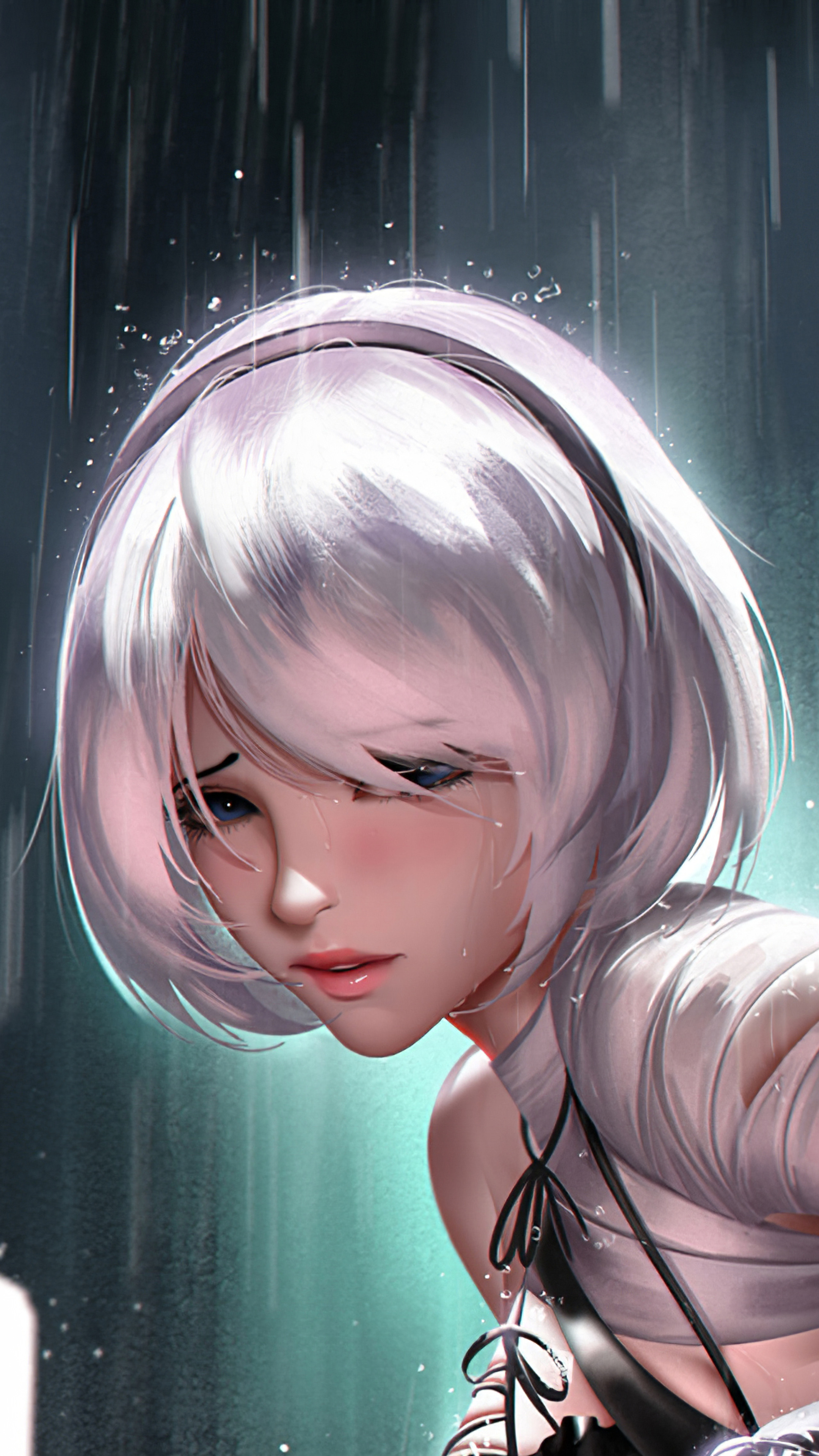 YoRHa No. 2 Type B, NieR: Automata, Falling raindrops, 4K Phone wallpaper