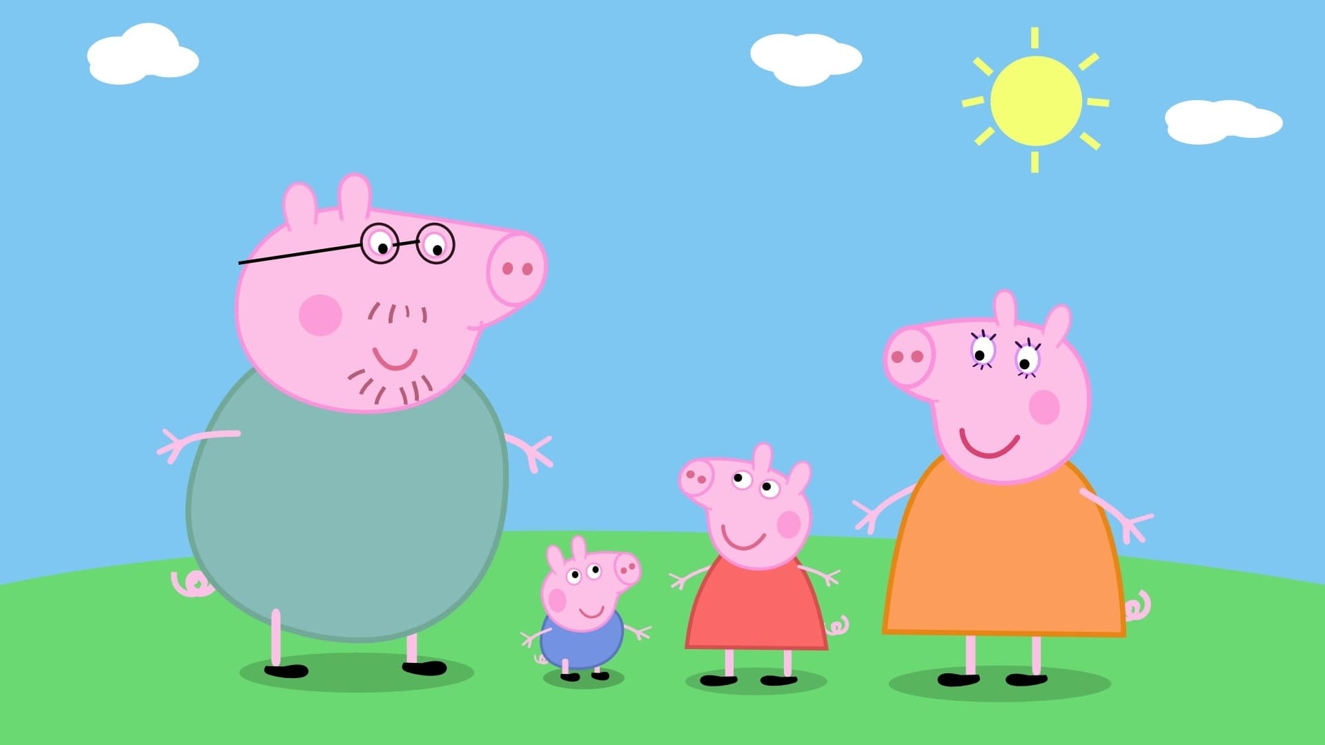 Daddy Pig, Mummy Pig, Peppa Pig, George Pig, Sunny grassy hill, Full HD Desktop wallpaper