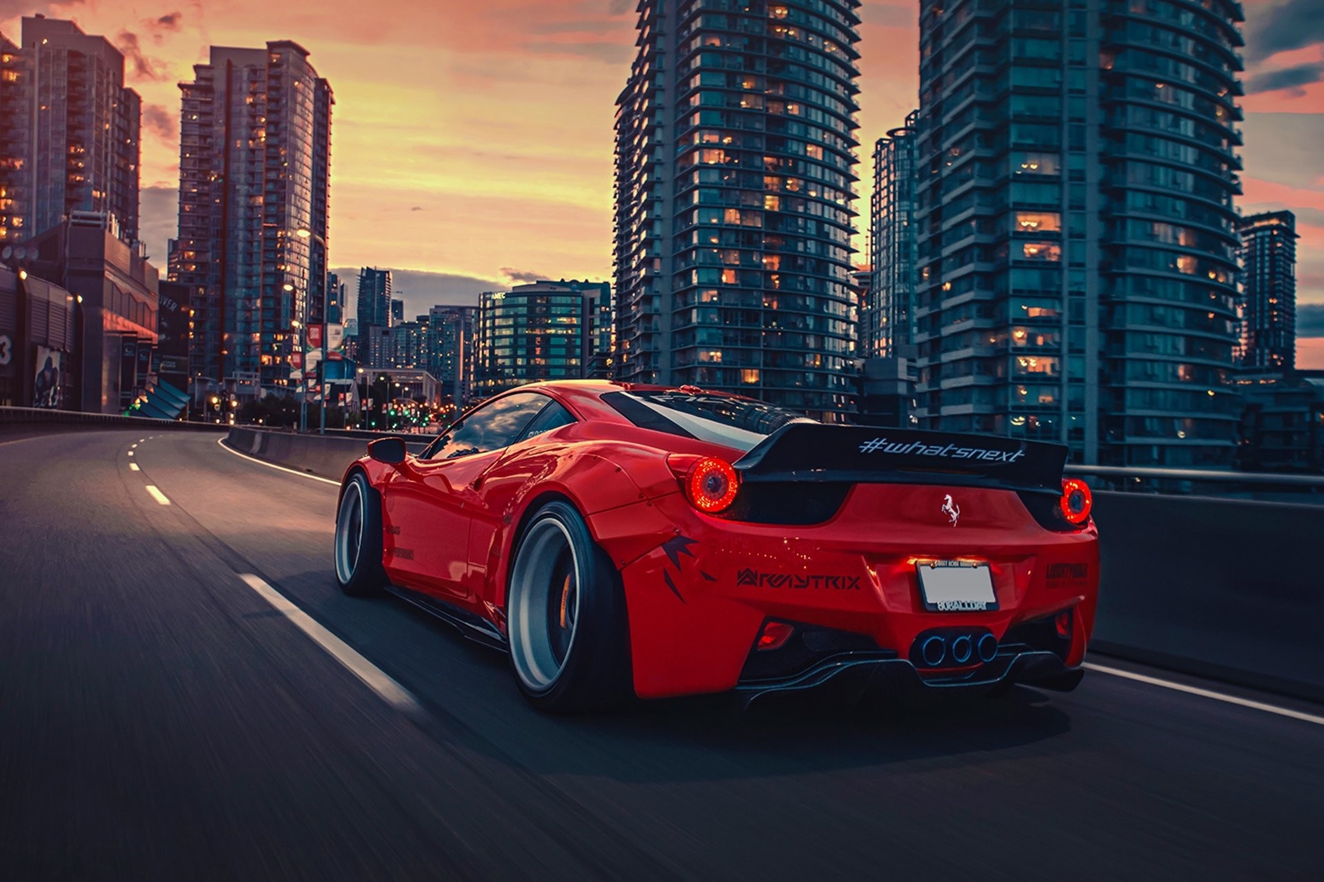 Ferrari 458 Italia, Liberty Walk widebody, urban skyline at sunset, HD Desktop wallpaper