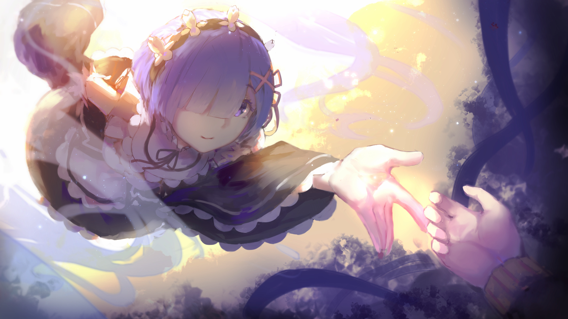 Rem from Re:Zero, Subaru Natsuki reaching hand, Maid outfit with floral hairpiece, Full HD Desktop wallpaper