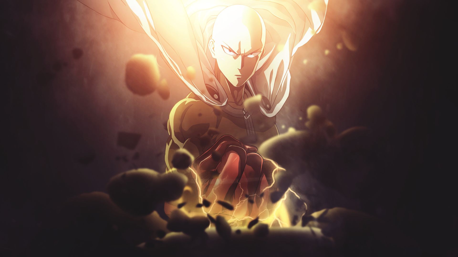 Saitama, Glowing energy fist, Floating rock debris, Full HD Desktop wallpaper