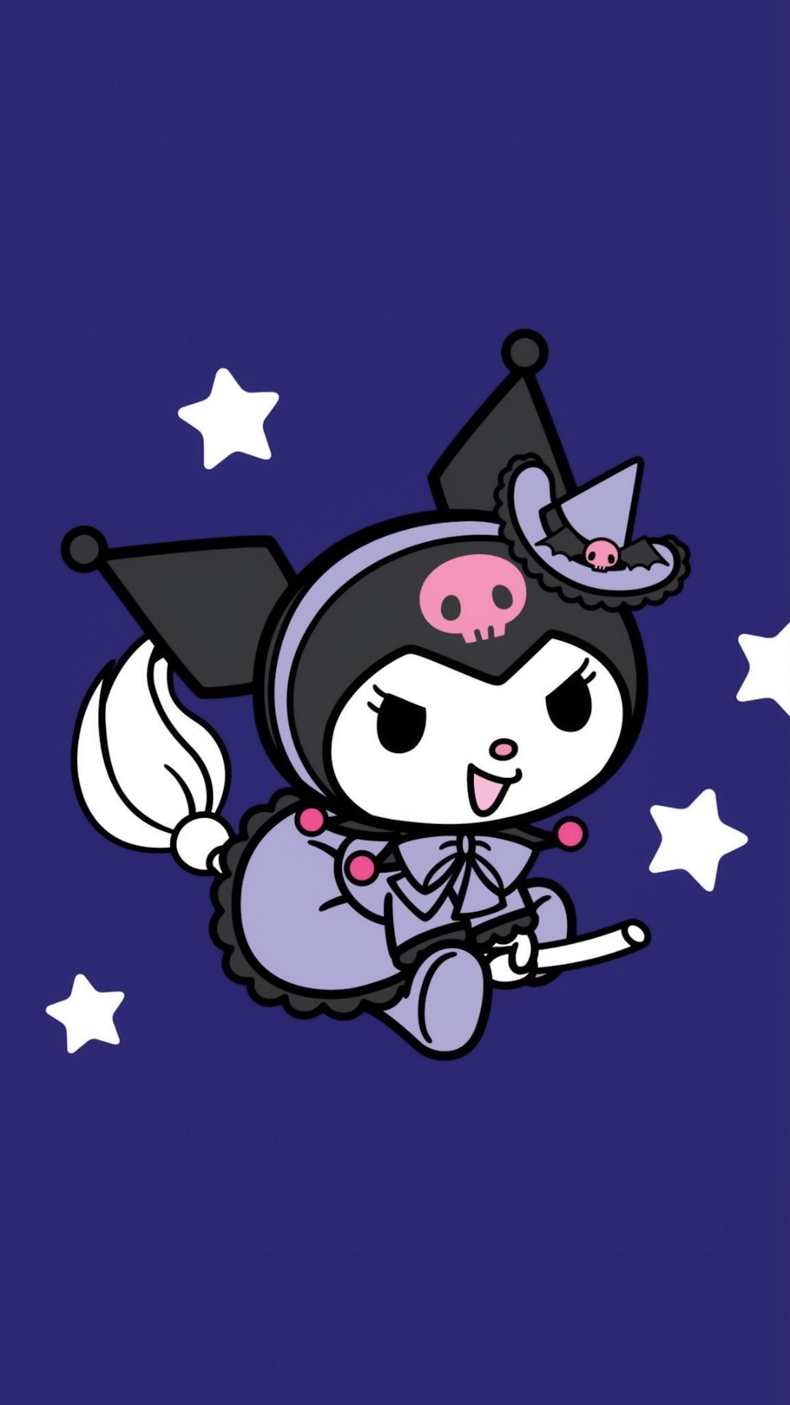 Witch Kuromi, flying broomstick, starry night sky, HD Phone wallpaper