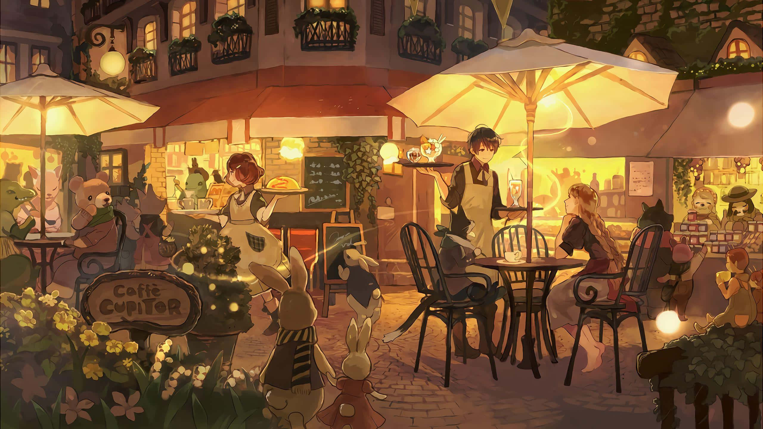 Anime girl, Night cafe terrace, Warm lantern light, Animal customers at the tables, HD Desktop wallpaper