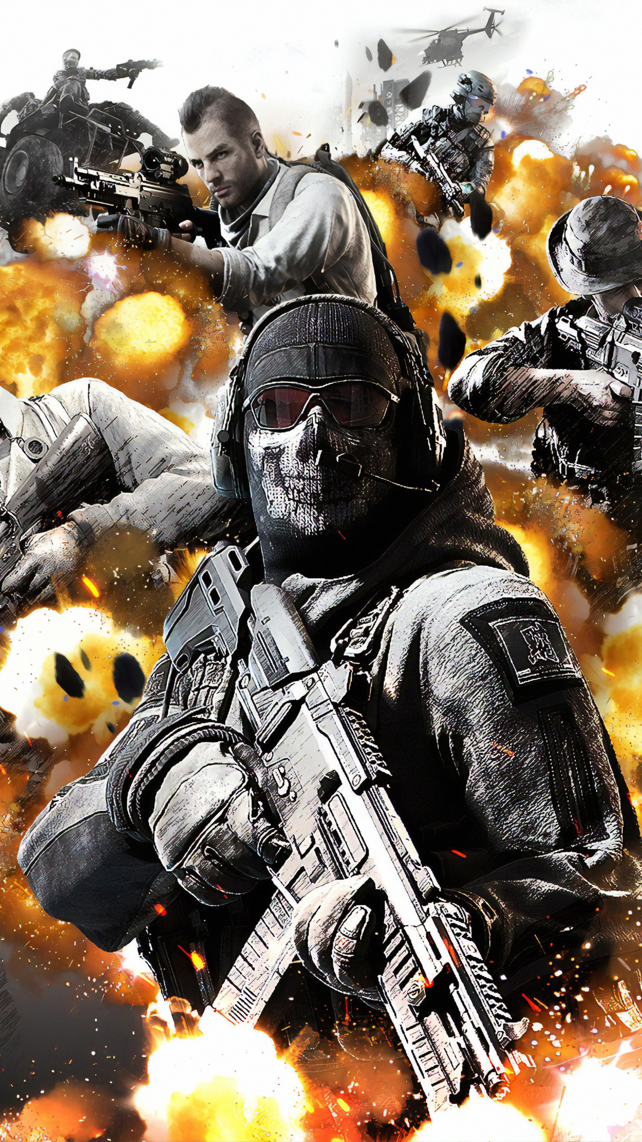 Simon Ghost Riley, John Soap MacTavish, Captain John Price, military battlefield explosions, 4K Phone wallpaper