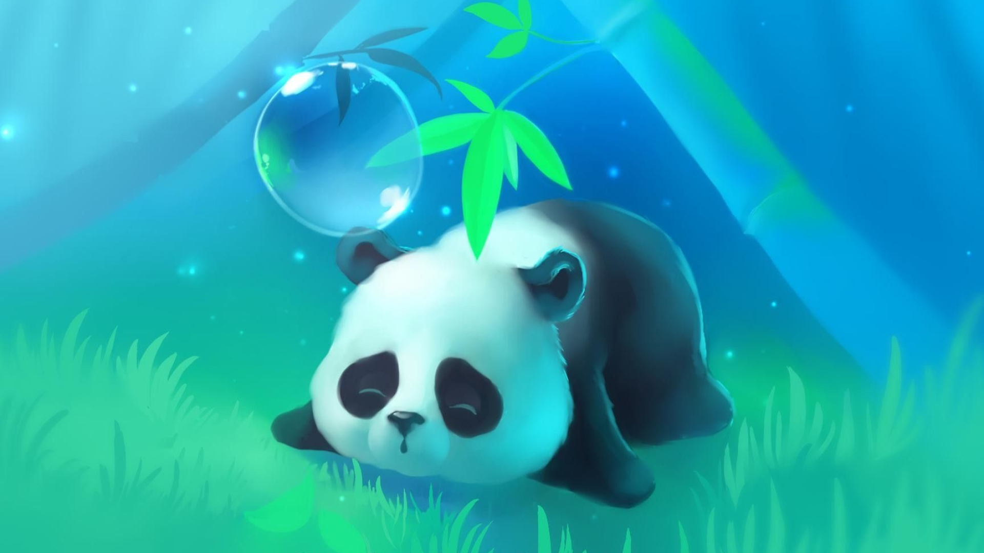 Sleeping baby panda, Floating glowing bubble, Bamboo stalks, Full HD Desktop wallpaper