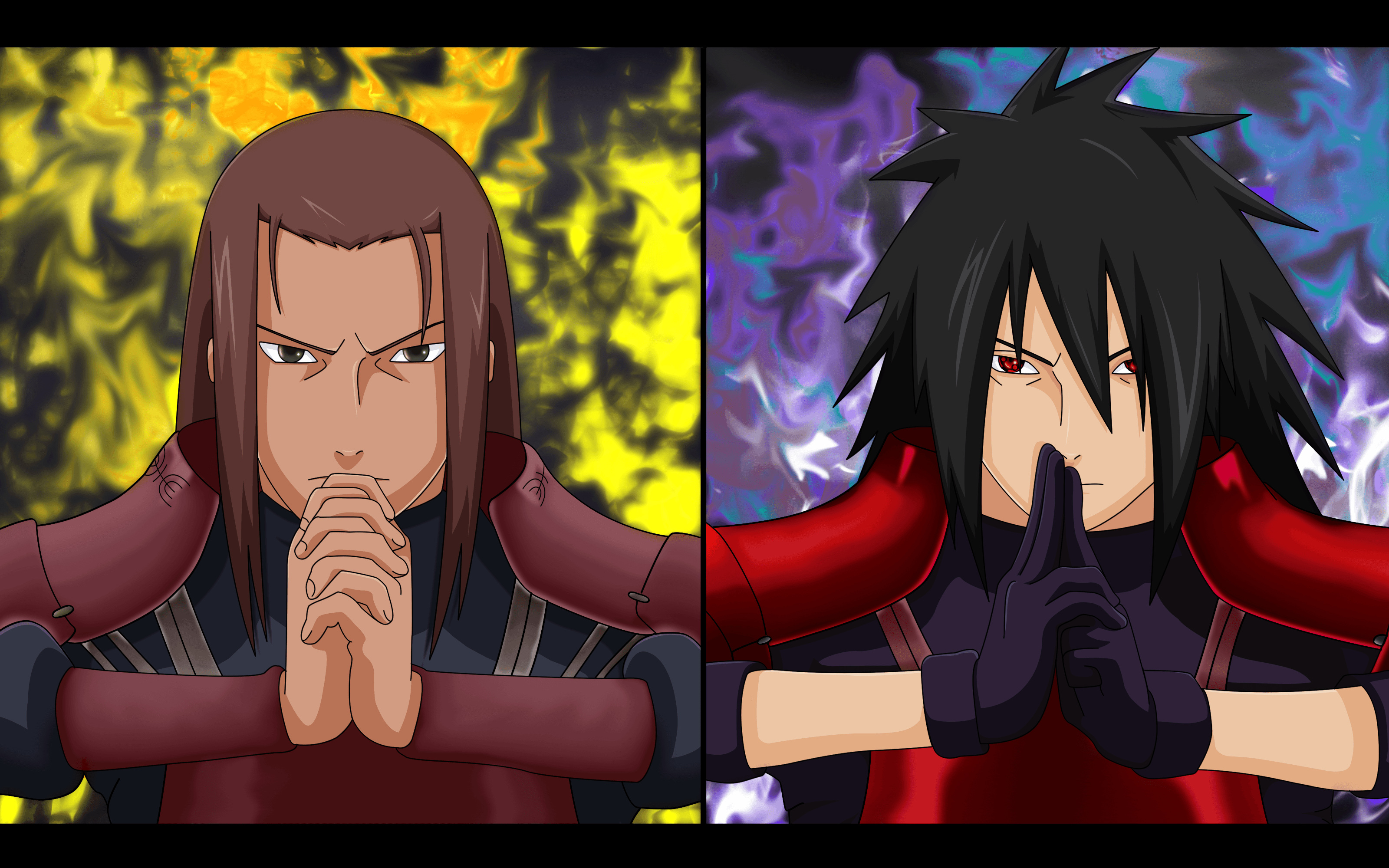 Hashirama Senju, Madara Uchiha, Split portrait, Yellow and purple auras, Hand seal, HD Desktop wallpaper