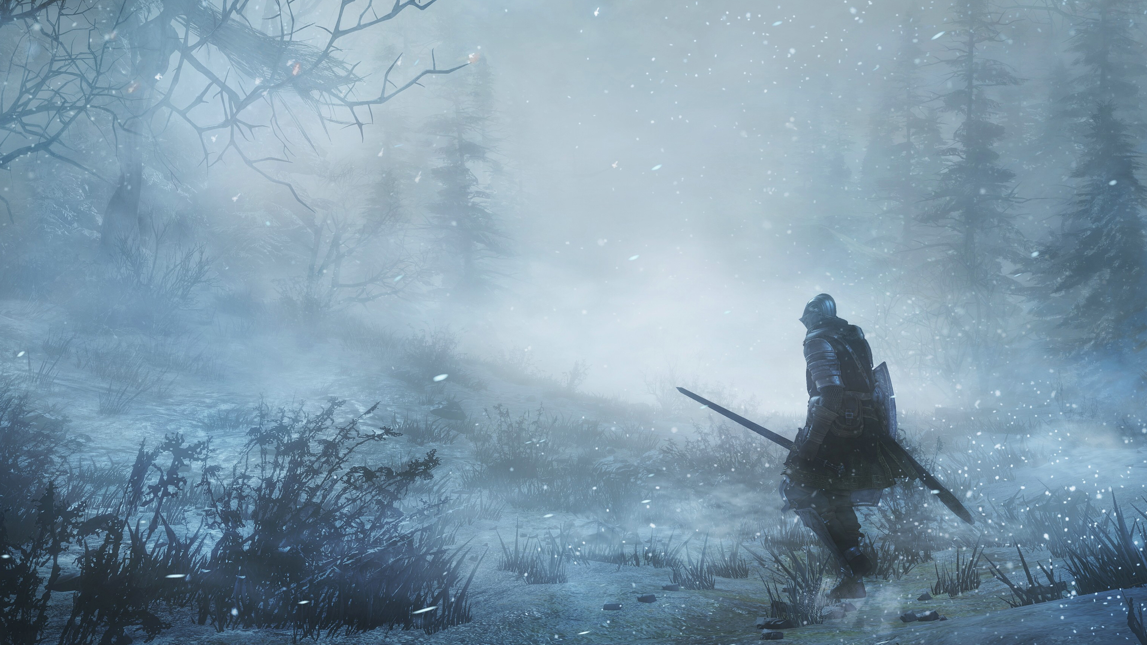 Dark Souls III Knight, Painted World of Ariandel, snowy pine forest, 4K Desktop wallpaper
