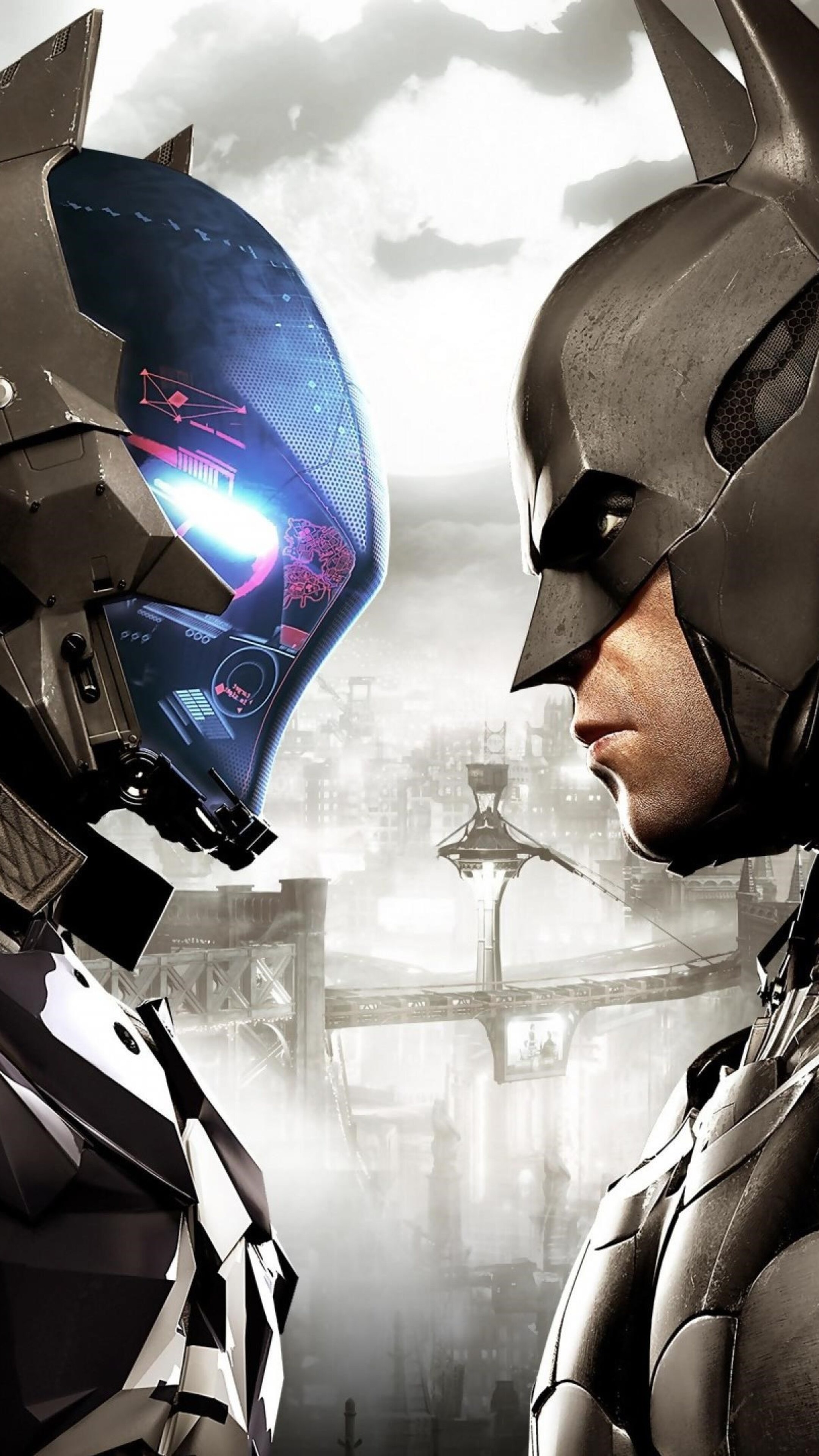 Arkham Knight character, Batman cowl, Gotham City skyline, 4K Phone wallpaper