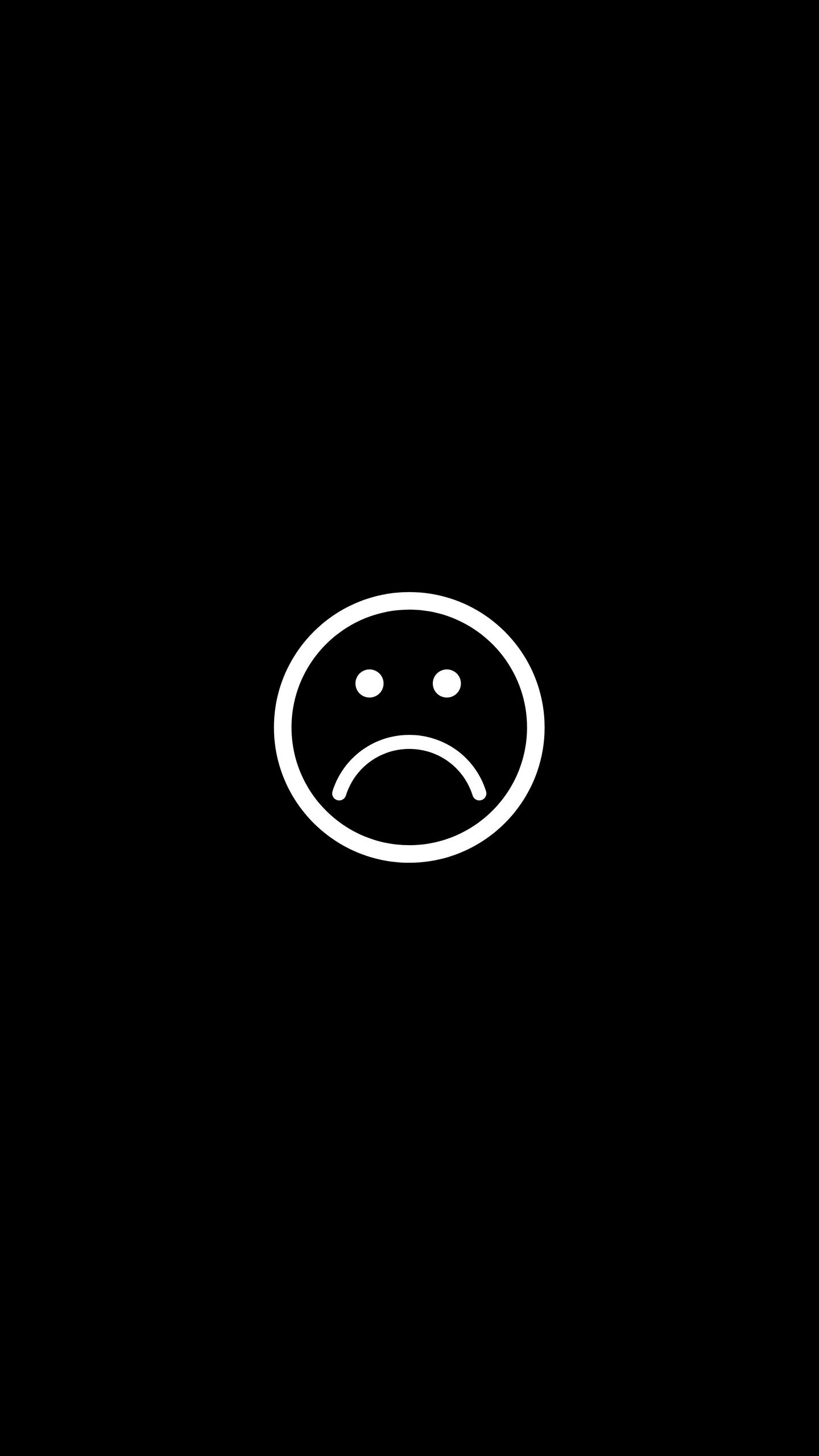 Sad face emoticon outline, Minimalist frown icon, Solid black background, HD Phone wallpaper