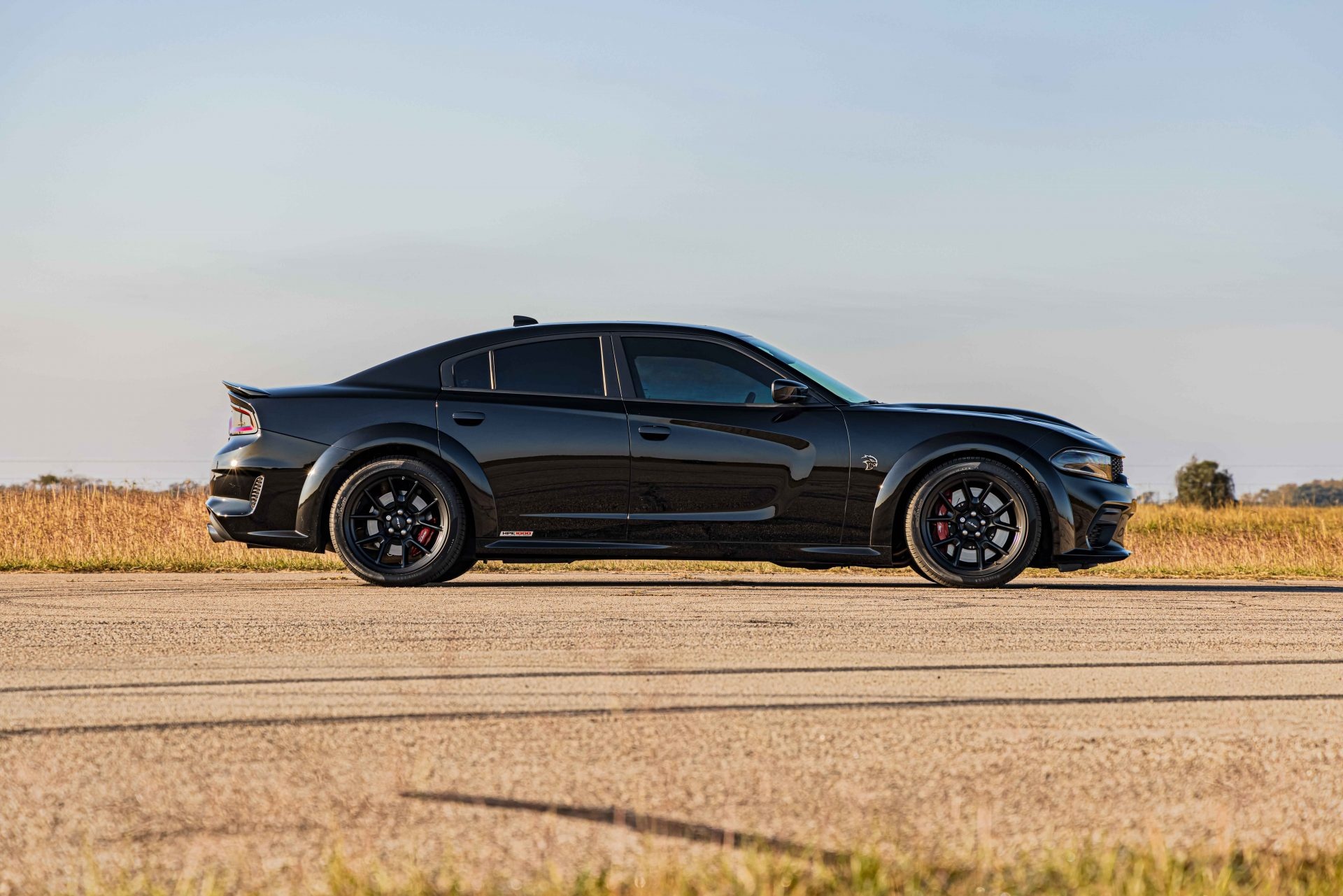 Dodge Charger SRT Hellcat Widebody, black muscle car profile, asphalt runway test track, HD Desktop wallpaper