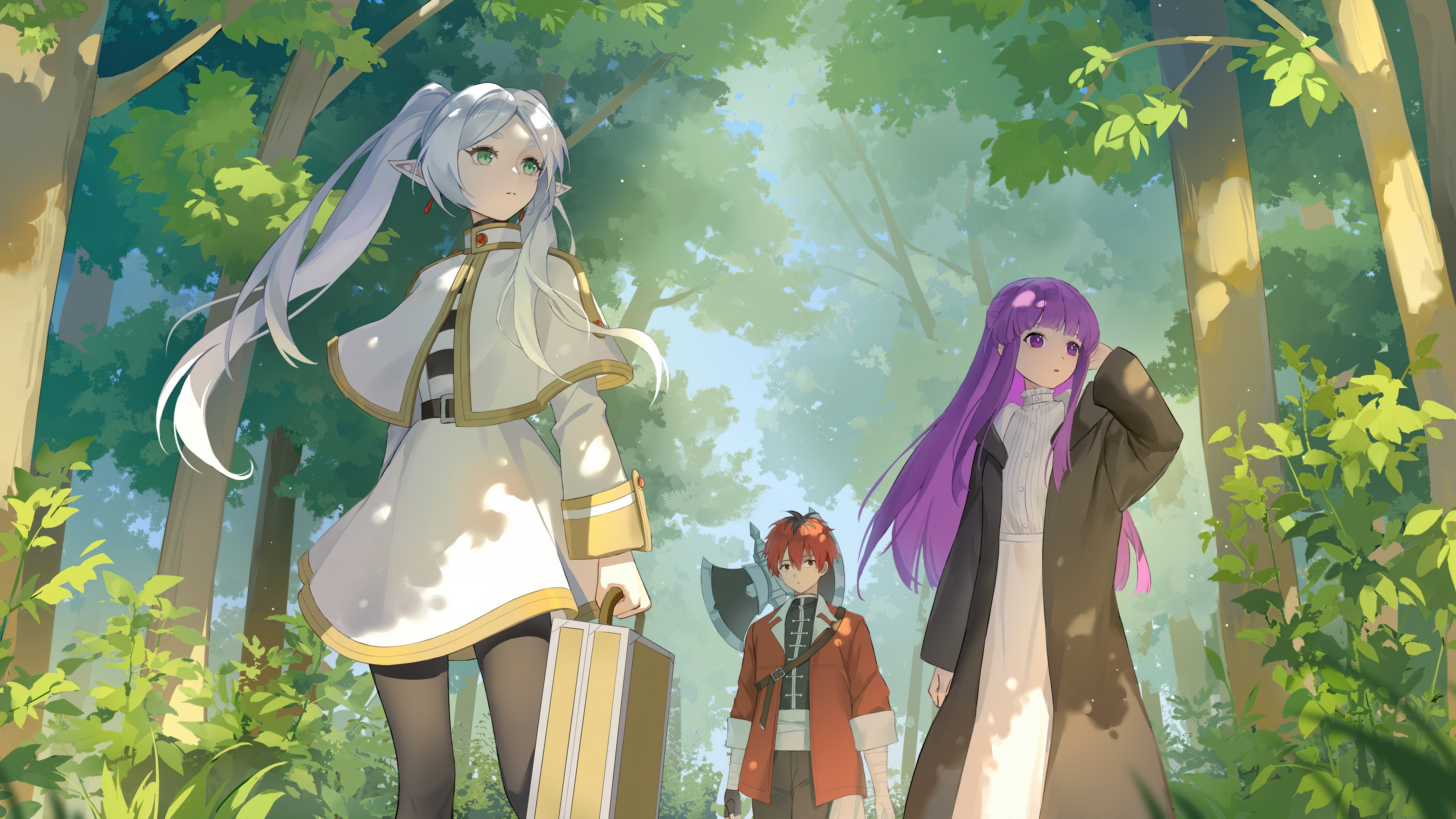 Frieren, Fern, Frieren: Beyond Journey's End, Sunlit forest journey, Looking up through leaves, 4K Desktop wallpaper