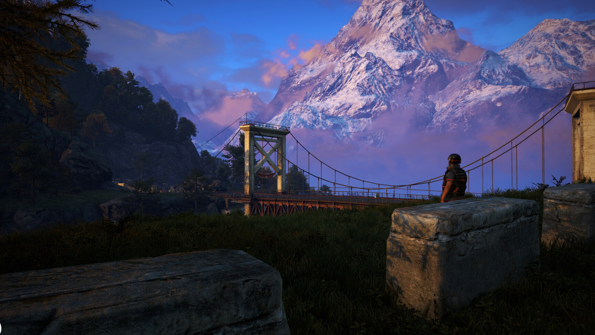Far Cry 4 Kyrat landscape, Mountain suspension bridge, Snow-covered Himalayan peak, Full HD Desktop wallpaper