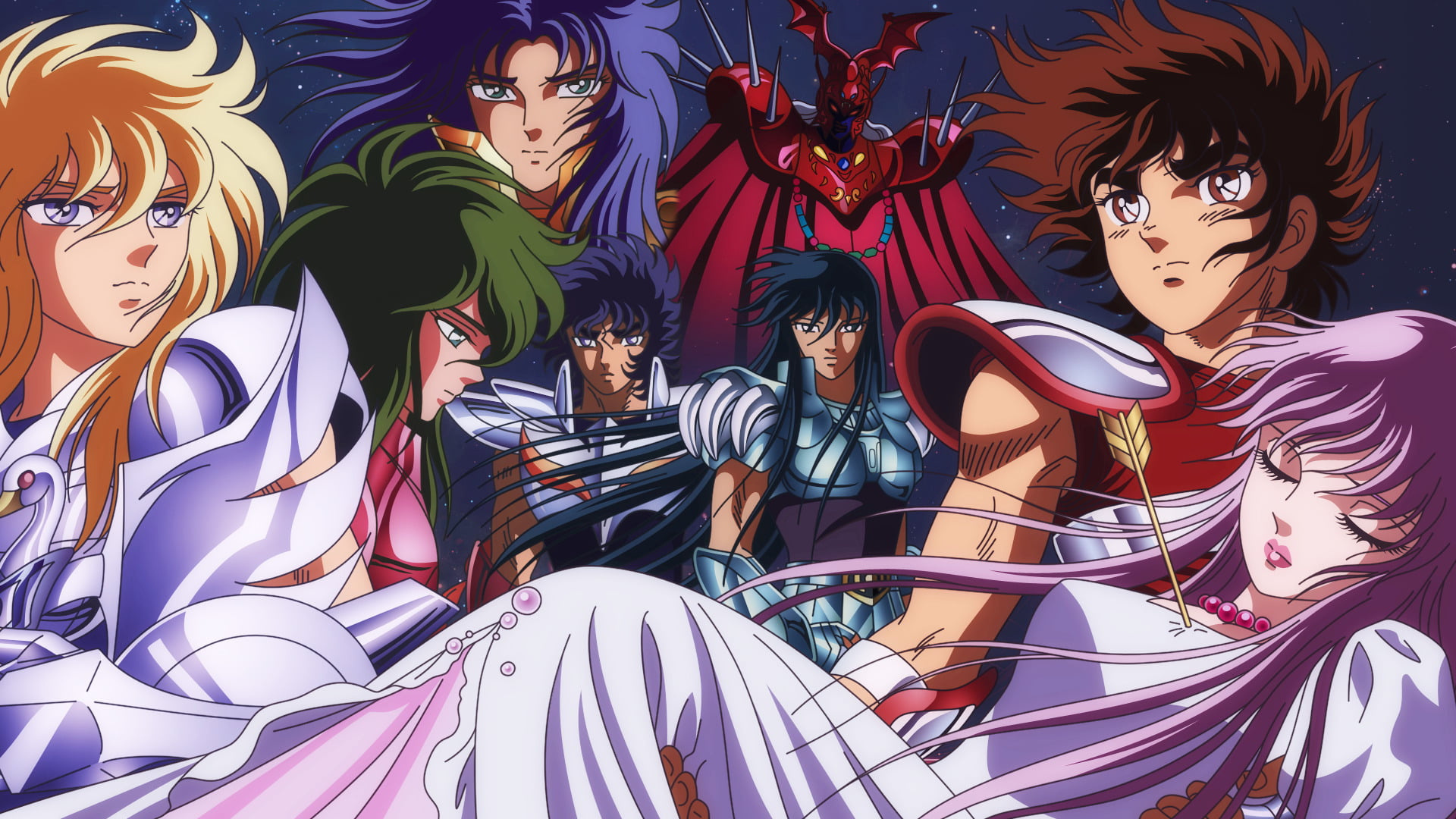 Pegasus Seiya, Saori Kido, Cygnus Hyoga, Dragon Shiryu, Andromeda Shun, Full HD Desktop wallpaper
