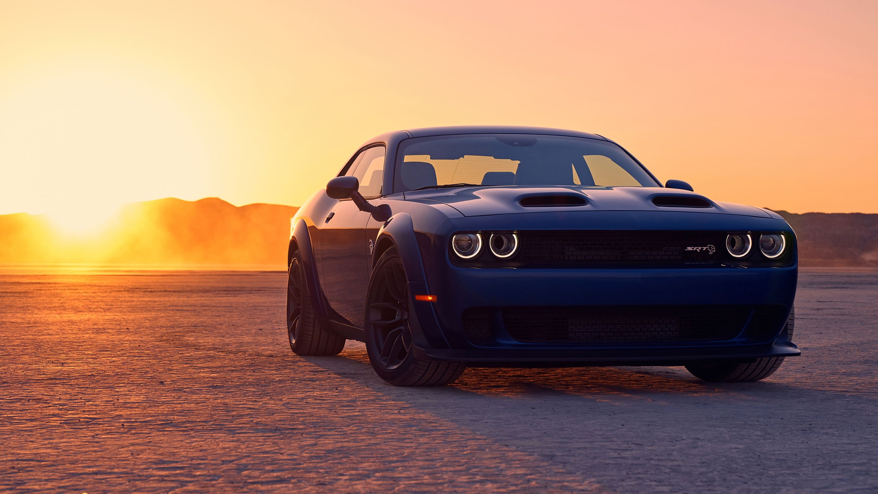 Dodge Challenger SRT Hellcat Widebody, dry lake bed desert, golden hour sunset, HD Desktop wallpaper