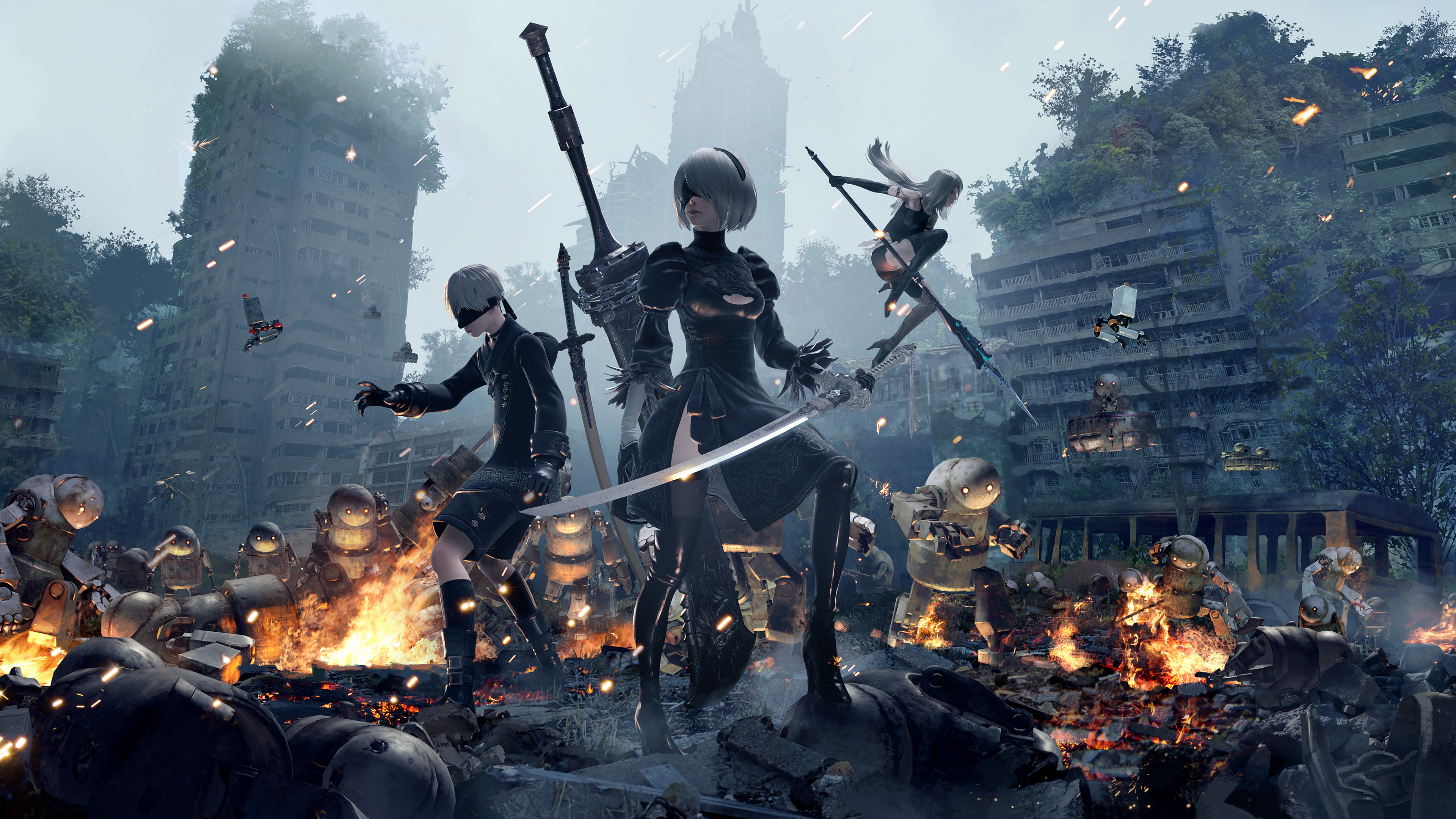 2B, 9S, A2, Machine lifeform battlefield, NieR: Automata, 4K Desktop wallpaper