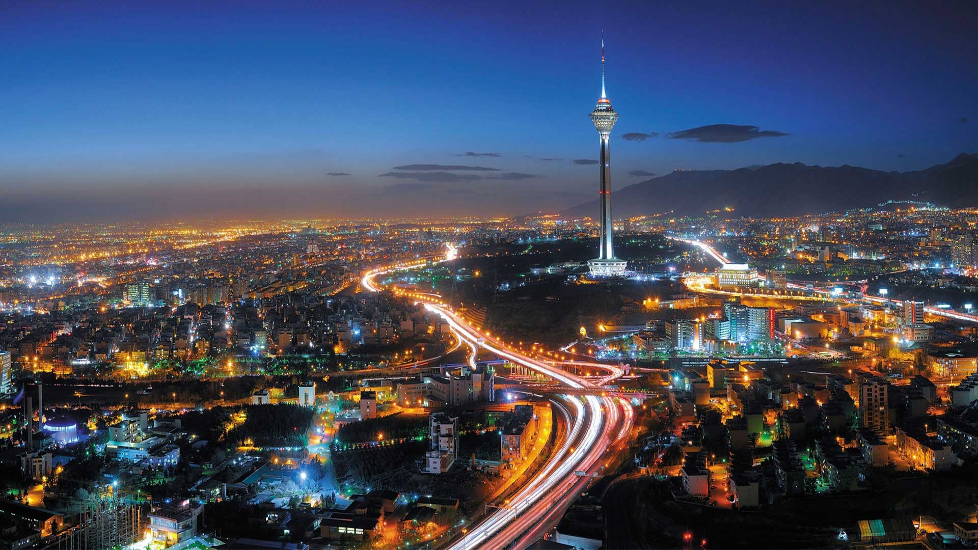 Milad Tower, Tehran night cityscape, highway light trails, Full HD Desktop wallpaper